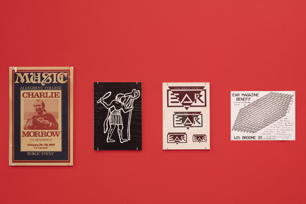 ‘Charlie Morrow: In Residence’, event poster, 1981; Concert flyer from Barcelona, 1981; Logos for EAR Magazine, 1981; ‘EAR Magazine Benefit’, event poster, 1981. Installation view: Jussi Tiainen.