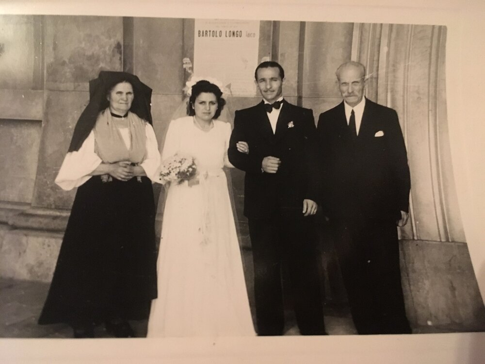 Penny's mother and father's marriage at the Cathedral of Pompei,1947, with her mother's mother Agatina and her father's father Capitano Gianbattista Ventura.