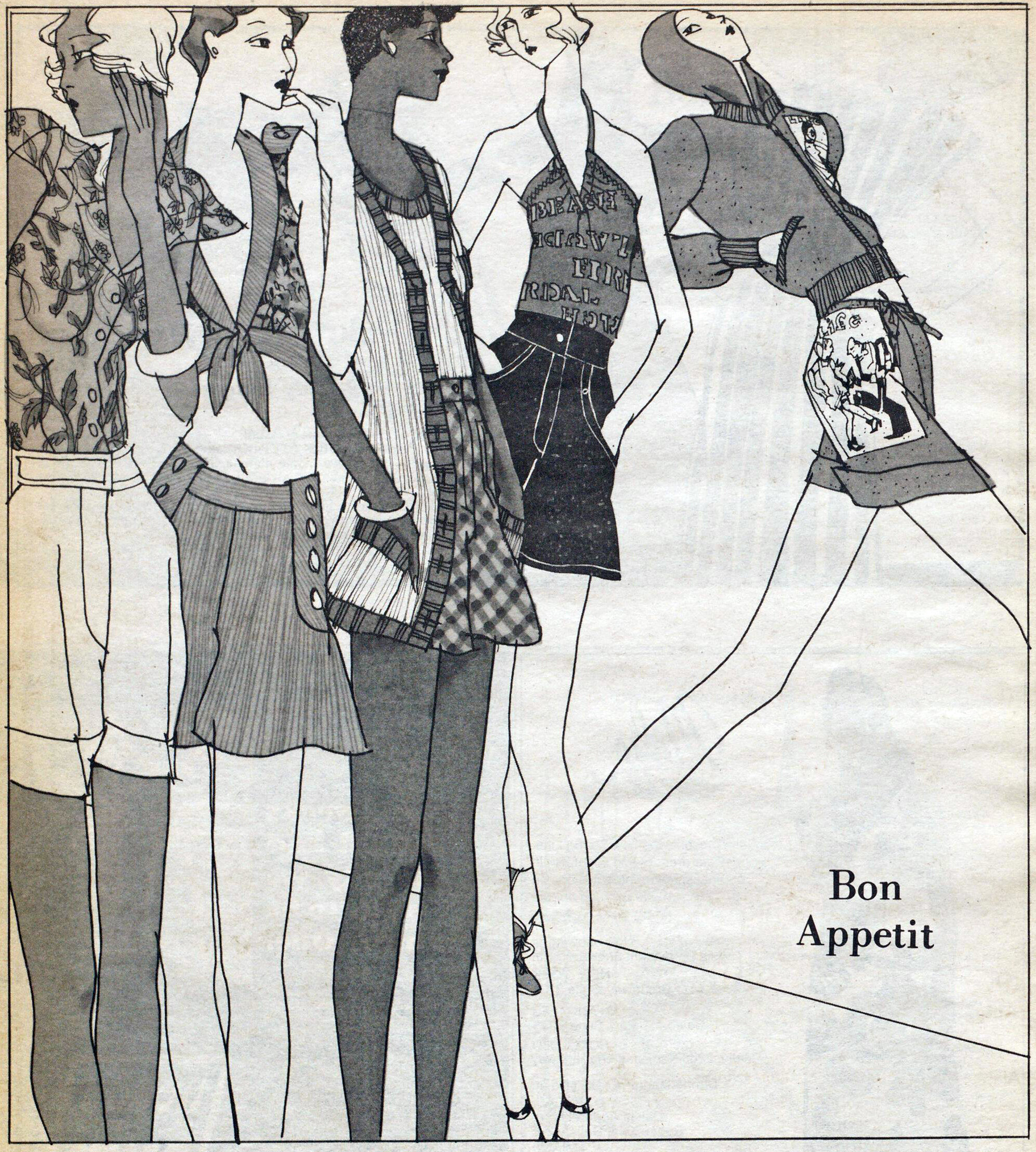 Third from left, Tere Tereba for Tootique. Women’s Wear Daily, January 2, 1974.