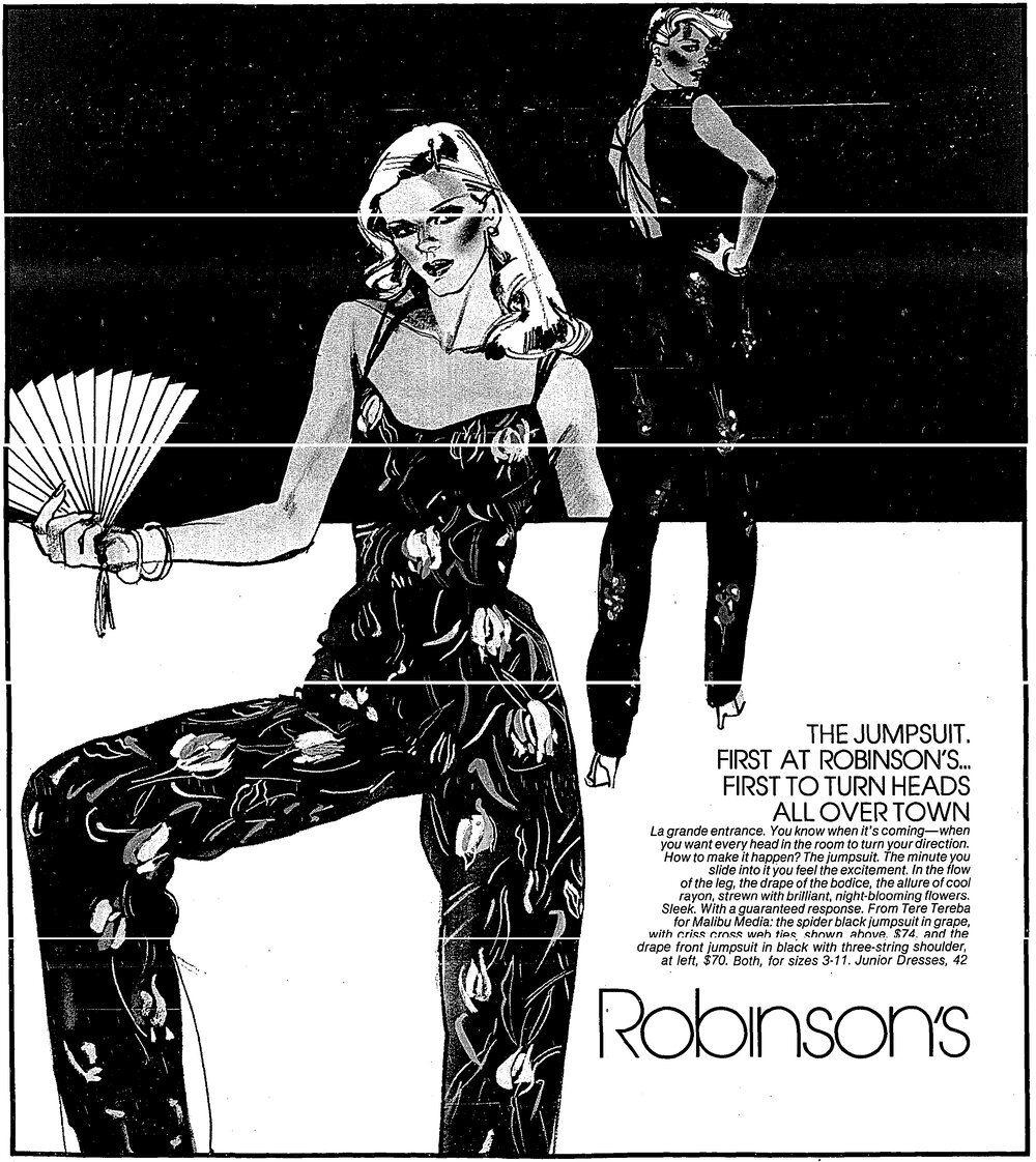 Robinson's ad with Tere Tereba for Malibu Media jumpsuit. Los Angeles Times, September 14, 1979.