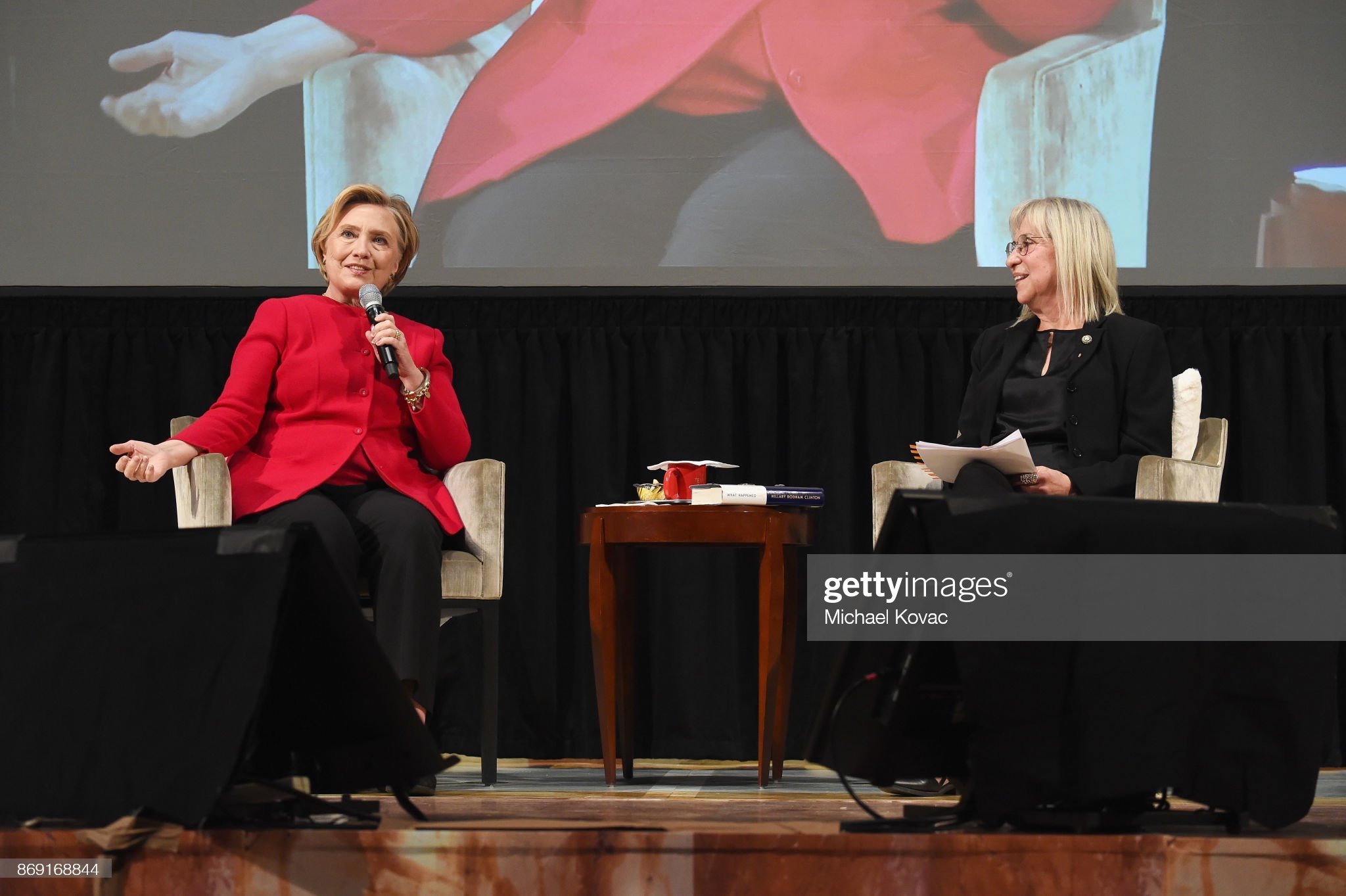Hillary Clinton (L) and Letty Cottin Pogrebin speak onstage during The Streicker Center hosts a Special Evening with Former Secretary of State Hillary Clinton at The Streicker Center on November 1, 2017.jpg