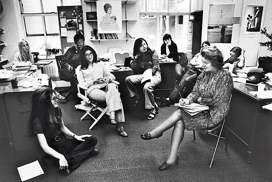 Ms. staff meeting in June 1972. From left- Letty Cottin Pogrebin, Gloria Steinem, Margaret Sloan-Hunter, Suzanne Levine, Mary Thom, Harriet Lyons, Patricia Carbine, and Ruth Sullivan.Photo- Nancy Crampton.jpg