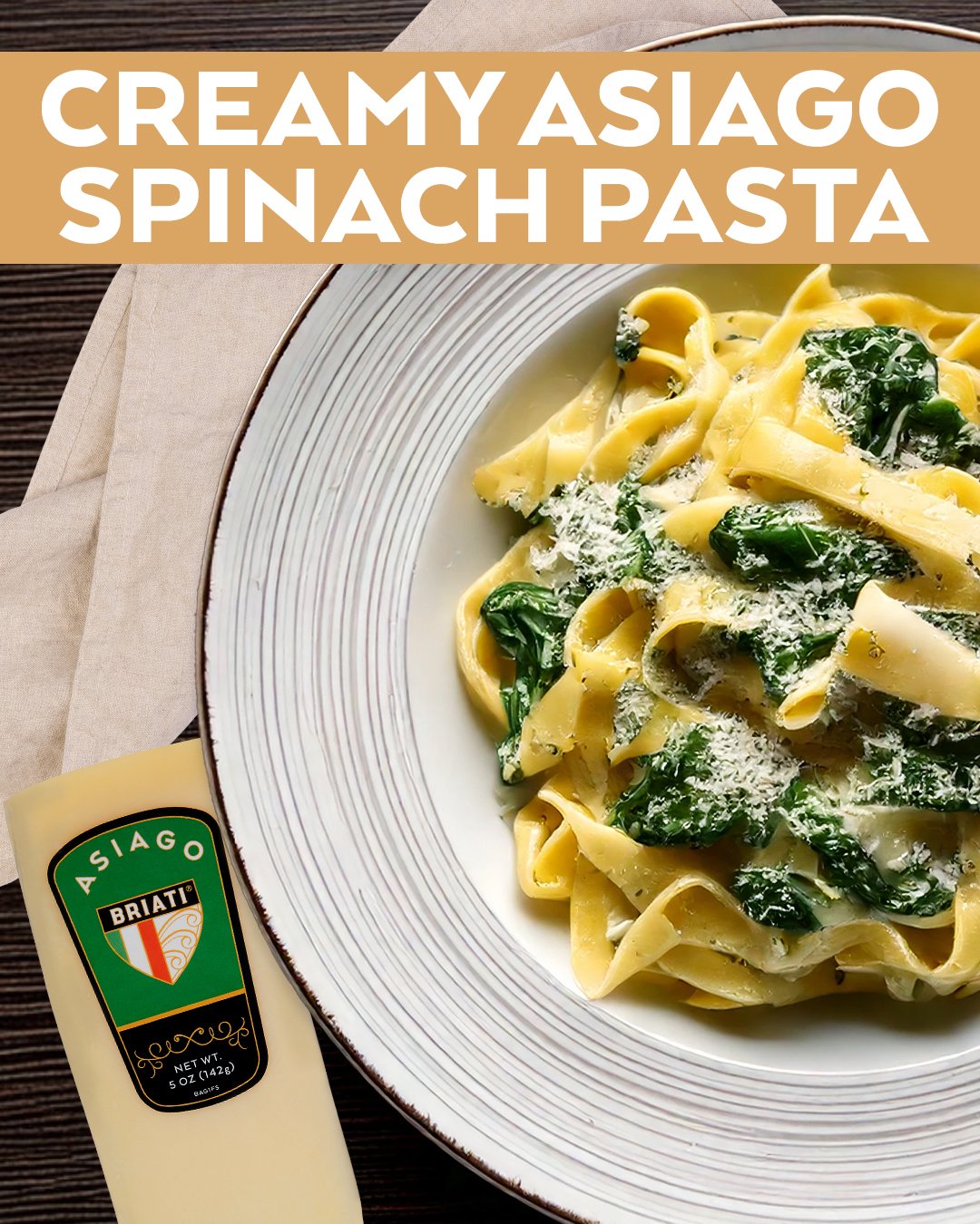 Creamy spinach, rich Asiago, and a pasta worth repeating&mdash;what more could you ask for? Save this recipe for your next cozy dinner night!