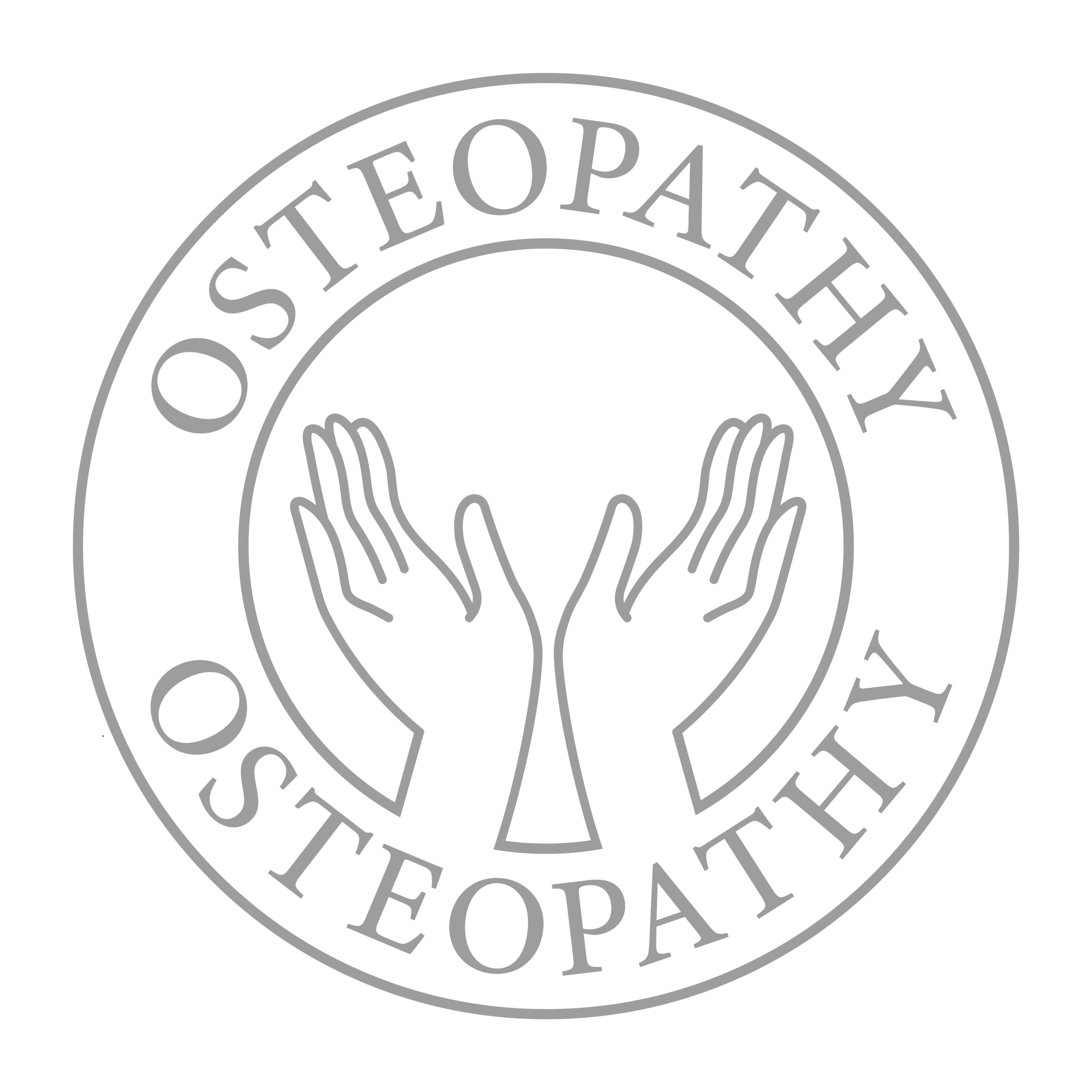 A grey and white round logo with a drawing of two hands in the centre and Osteopathy written around the edge