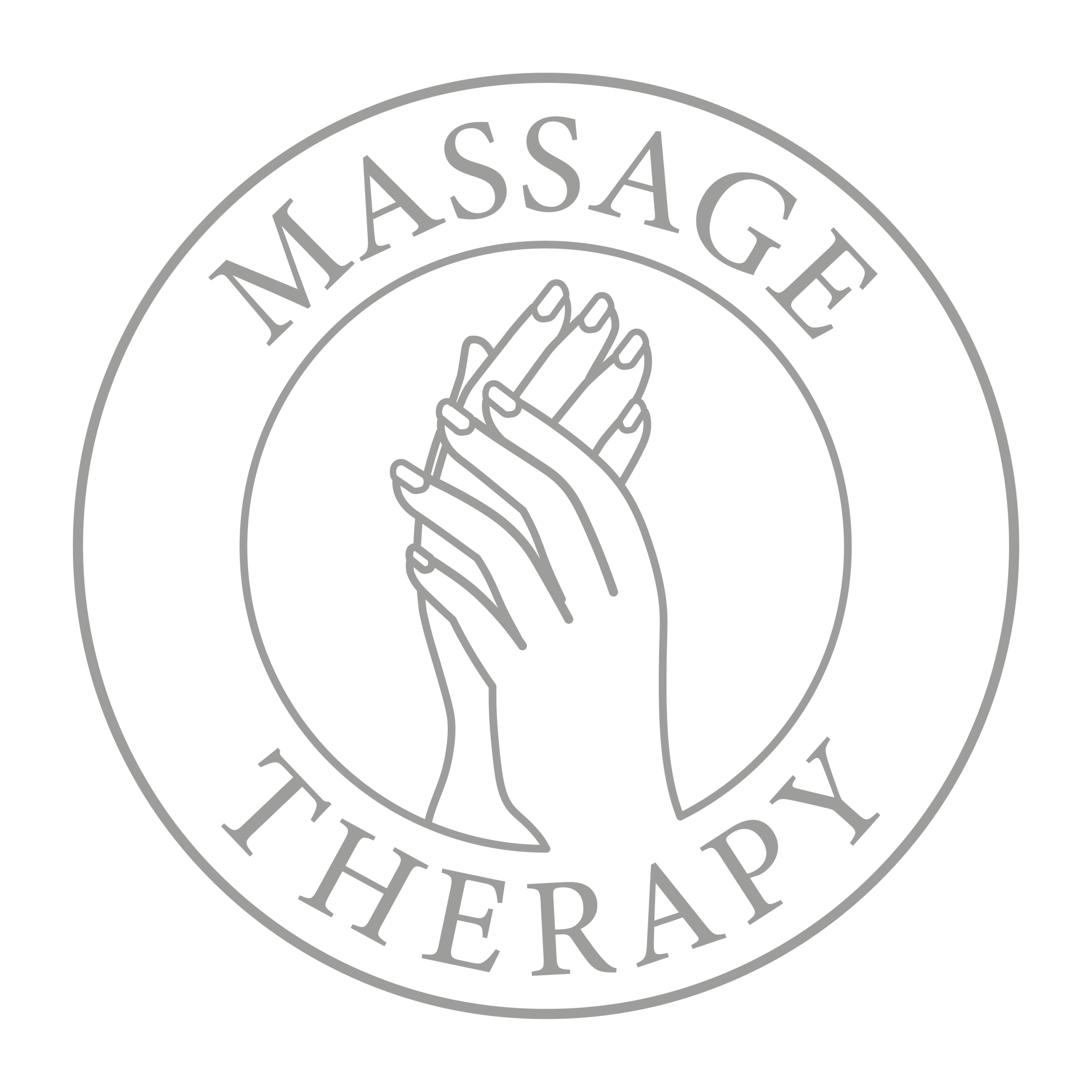 A grey and white round logo with a drawing of two hands, one hand holding the other gently, in the centre and Massage Therapy written around the edge