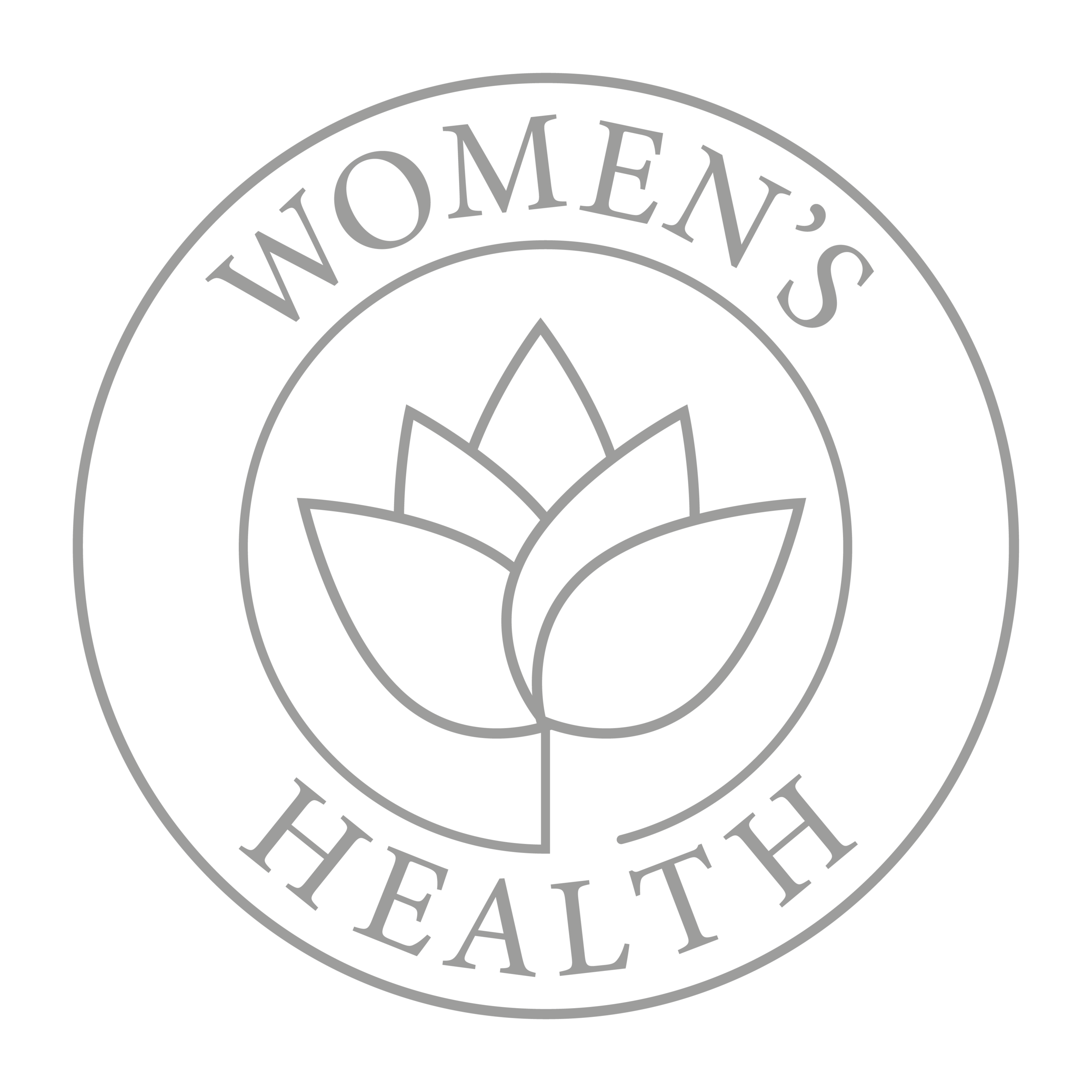 A grey and white round logo with a drawing of a lotus in the centre and Women's Health written around the edge