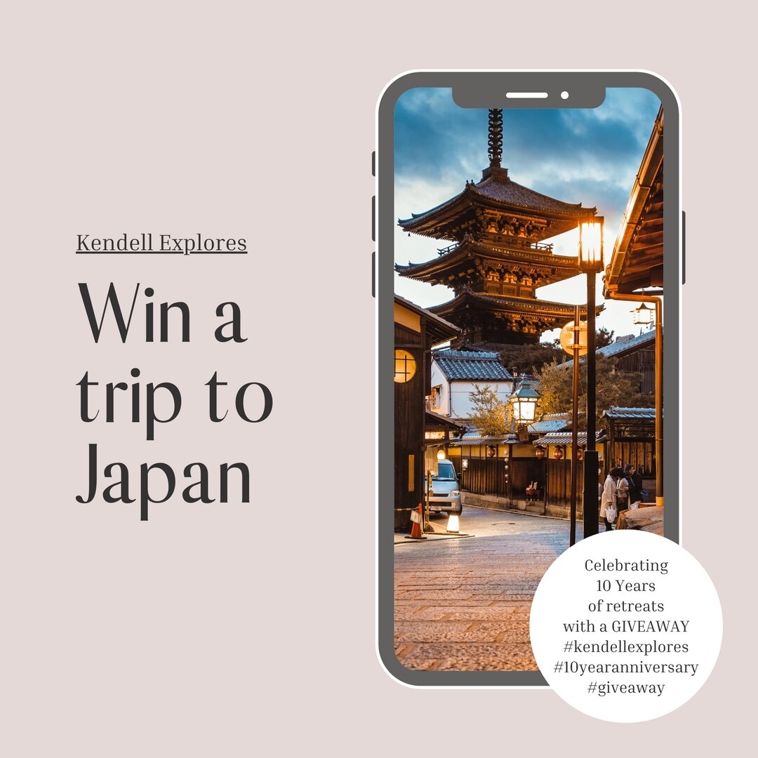 To celebrate Kendell Explores 10th year of leading retreats, I'm giving away a trip to Japan!​​​​​​​​

Explores food, temples, bamboo forests and bullet trains on this journey to 3 iconic Japanese cities: Tokyo, Kyoto and Osaka. Retreat dates: June 1