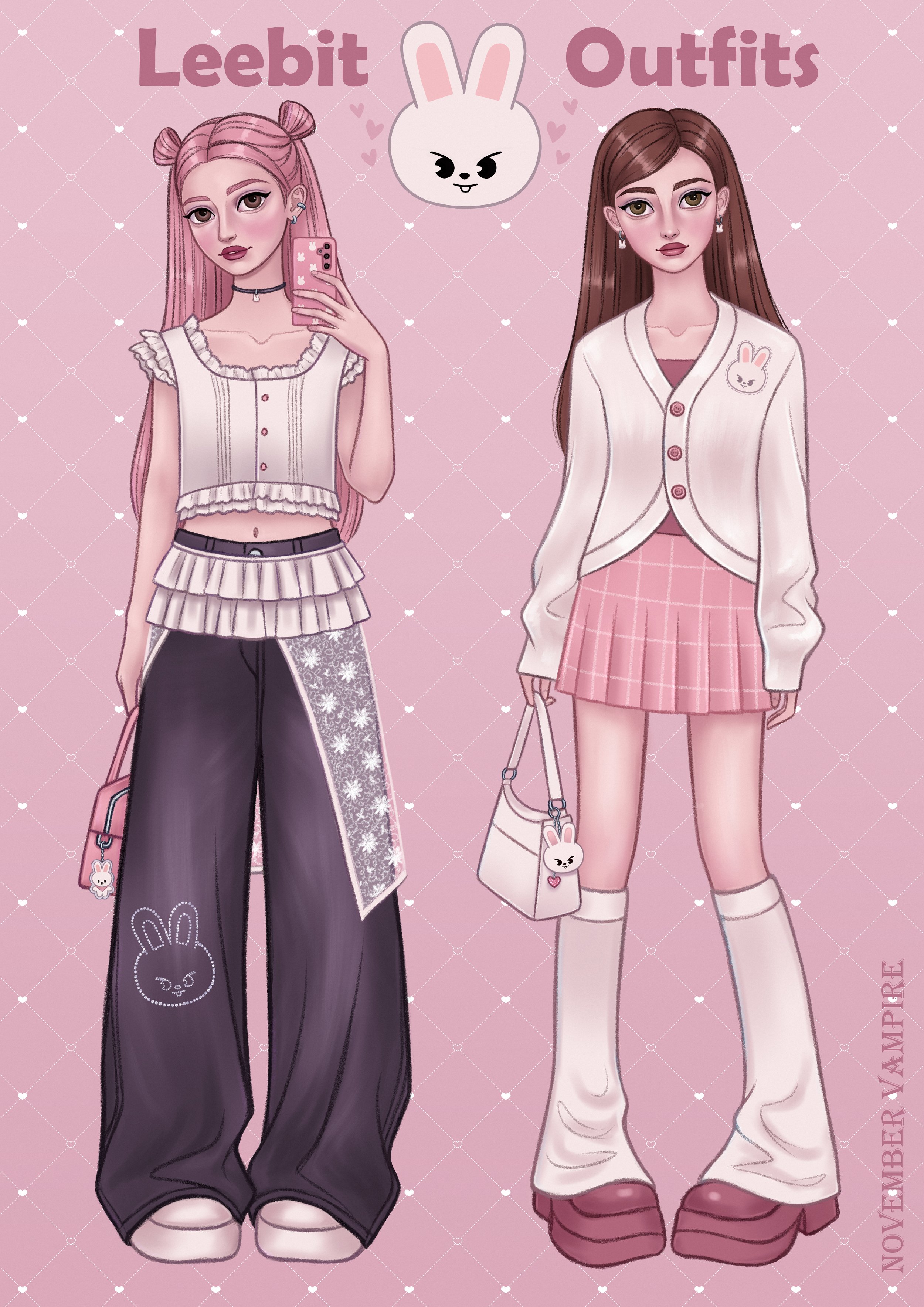 Illustration of 2 girls in fashionable outfits with a white and pink color scheme