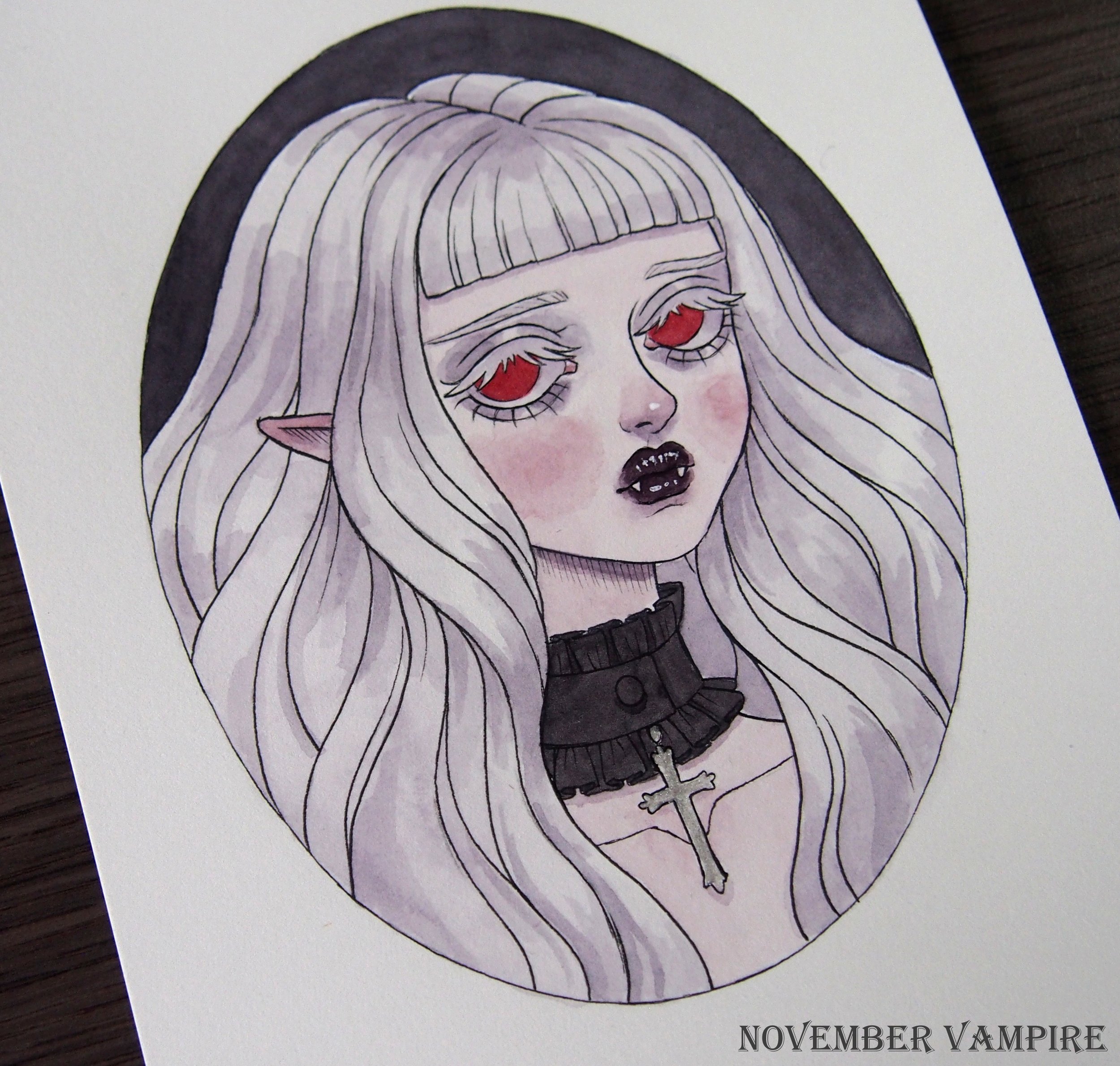 Portrait of a vampire girl in ink and watercolors