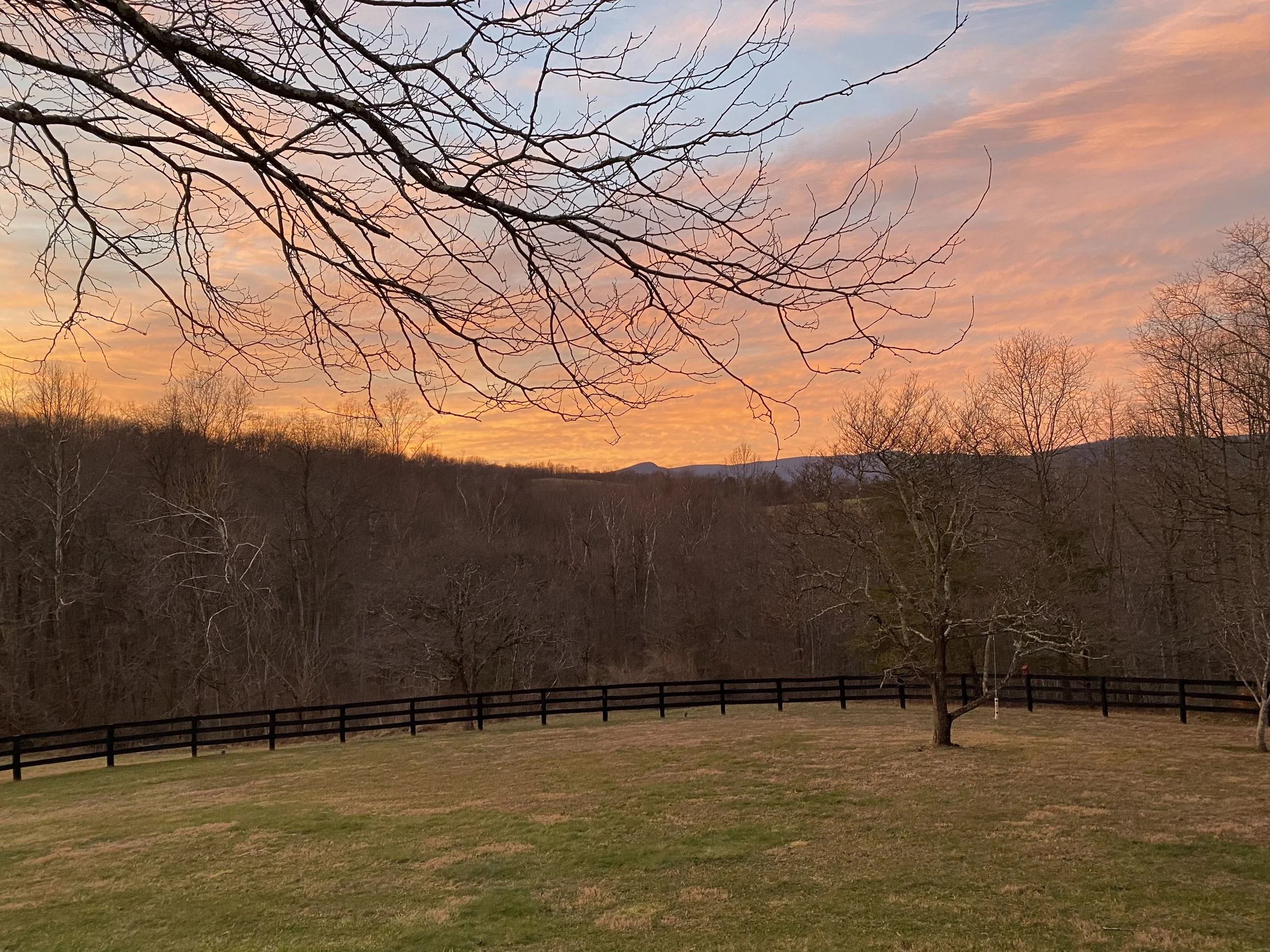 Sunset over the Shenandoah Mountains at the retreat property in Woodville, Virginia