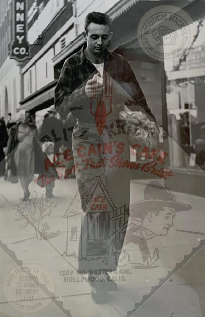A man walking on a city street, looking at his phone. The street features signs for the NINNEY CO, and the image appears to have an overlay of advertisements for Ace Cain's cafe, a liquor store, and a country club in Hollywood, California.