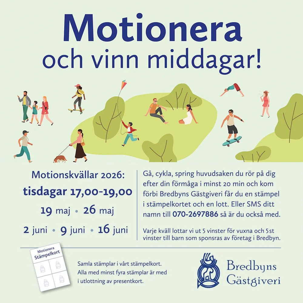 Motionera och vinn middager. Motionskvällar 2026 affisch.