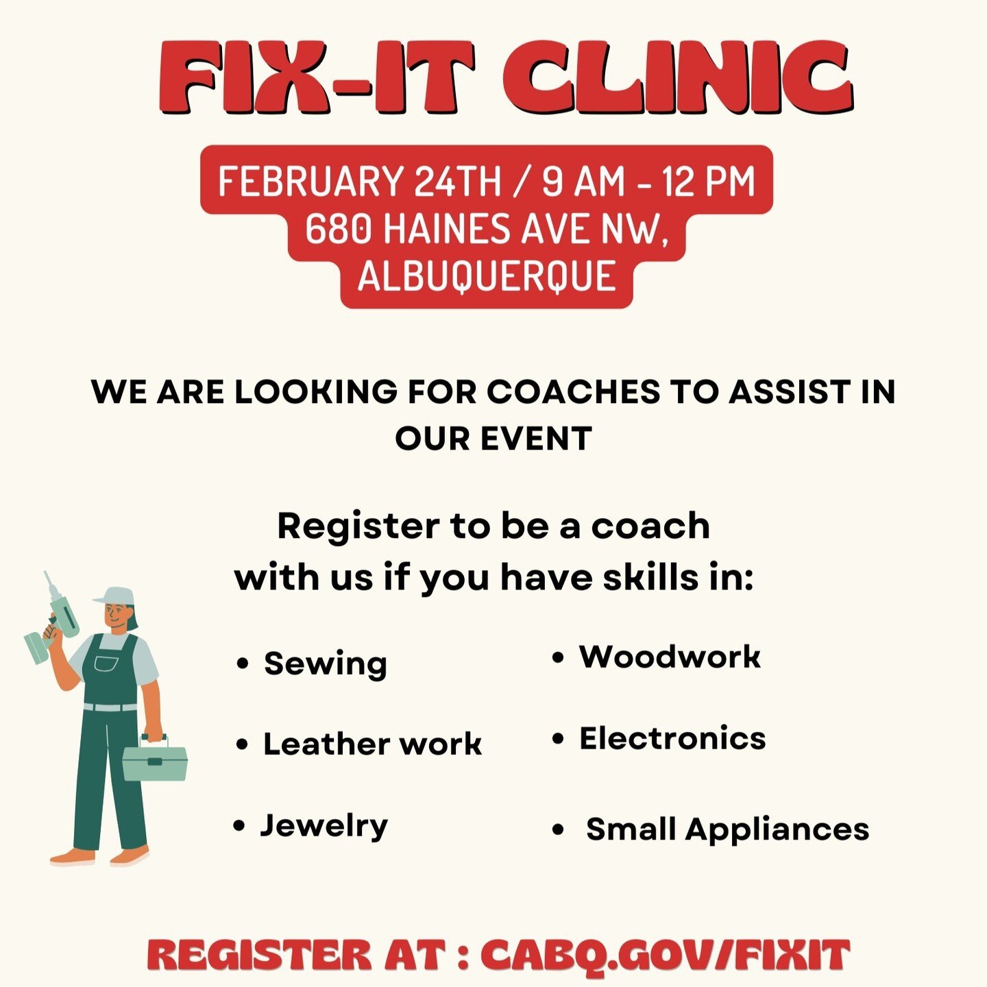 Get your tools ready! We're looking for handy helpers to join us as coaches for our upcoming Fixit Clinic event on 2/24. Join us in making a positive impact on our community by reusing items instead of tossing them out. Click the link in our bio for 