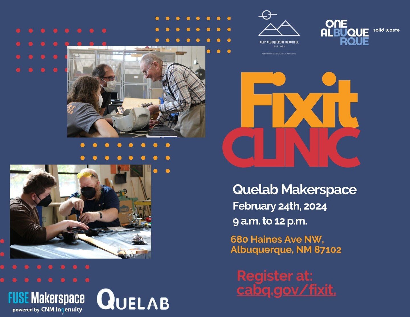 Don't throw it away, bring your broken items to our Fixit Clinic! 🔧 🛠️ Our expert coaches will guide you through the repair process. Don't miss out, register by February 9th to secure your spot!
.
.
.
#OneAlbuquerque #KeepABQBeautiful #FixitClinic