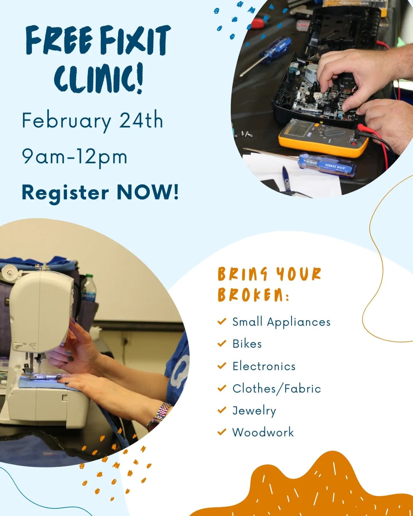 Join us on February 24th at Quelab Makerspace for our FREE Fixit Clinic! Bring your broken items and let's give them a second chance. Don't miss this opportunity to mend and repair your household items. Register NOW using the link in our bio! 
.
.
.
