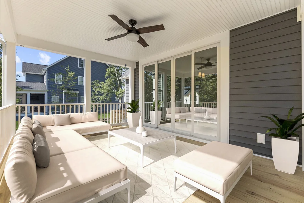 Spacious covered porch featuring cozy seating