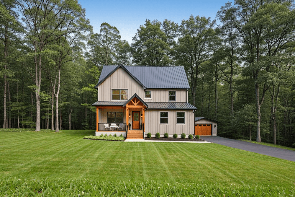 A Vero with a Modern Farmhouse Look in Grey Board and Batten Siding, Metal Roof, Wood Accents, and Detached Garage