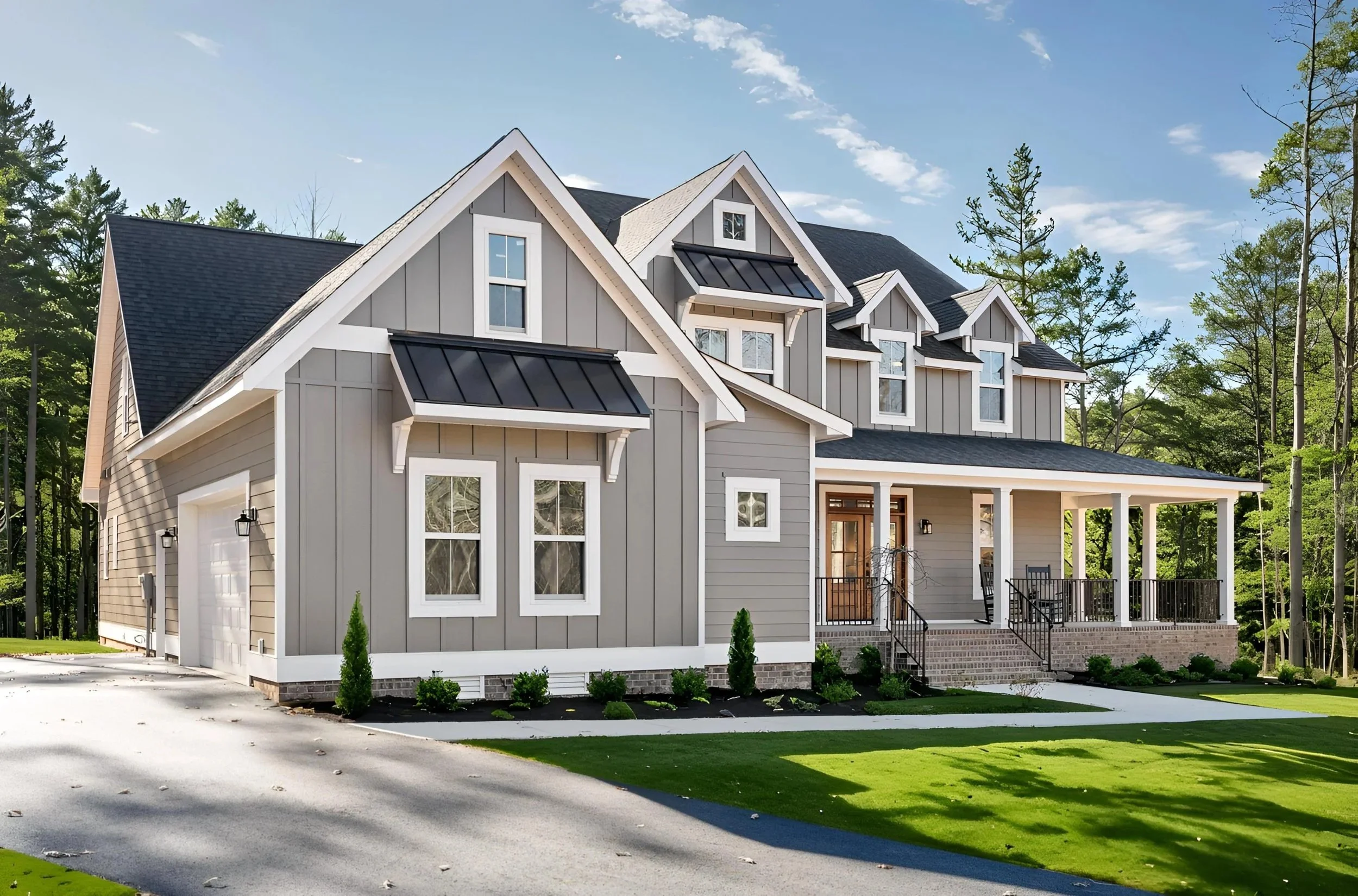 Grey Siding, Board and Batten, Metal Roof, and Large Wood Door