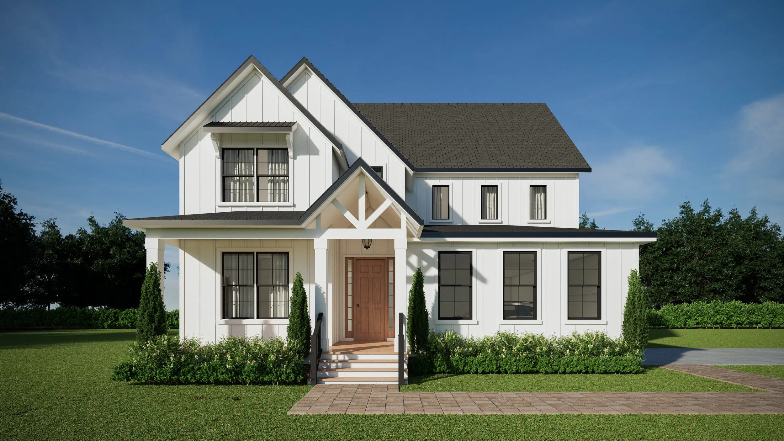 Vero Home Plan with Black Windows, White Board and Batten, and Wood Door