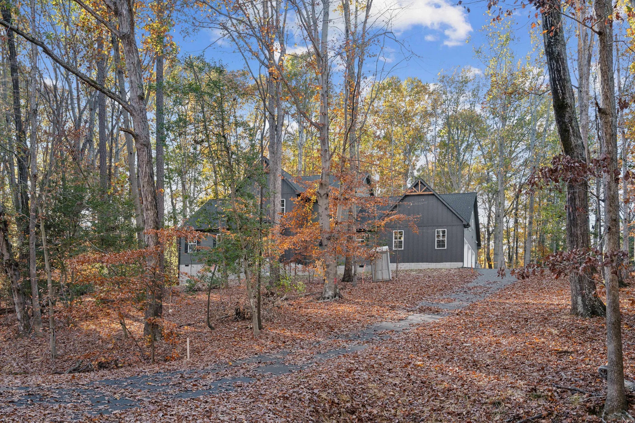 Modern custom home nestled in a wooded setting.