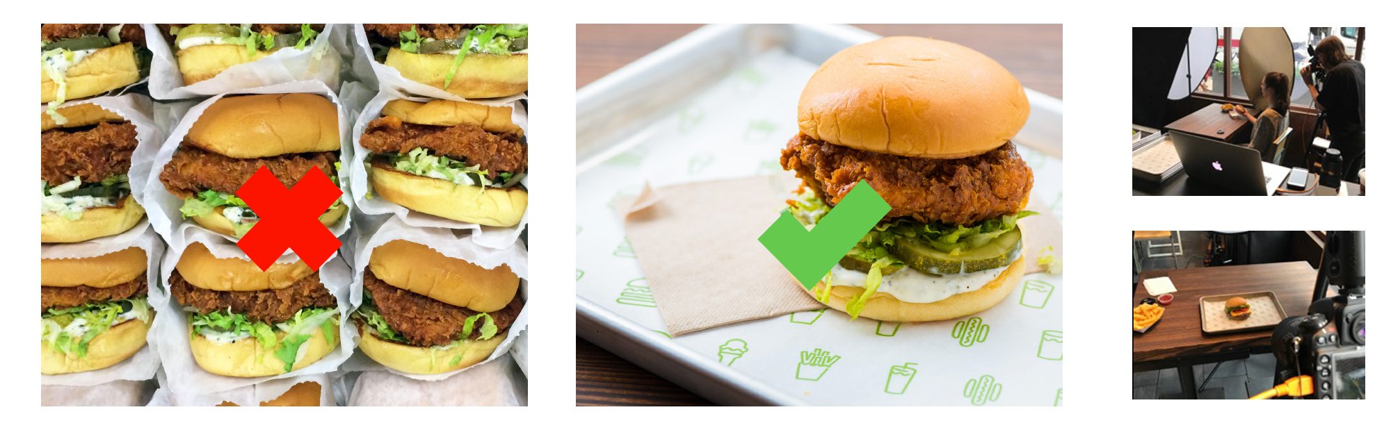 If a user is ordering a Chick’n Shack Burger, having an image of 9+ stacked Chick’n Shack Burgers not only adds to the visual overload, it also places more cognitive load on the user - am I ordering 1 or 9 Chick’n Shack Burgers with this selection? Do fries really come with this order? As a result, I spent a week in a real Shake Shack location assisting the art direction for hundreds of combinations of food images. By quickly implementing the test shots into my designs, I was able to work with the brand’s creative team and photographer to create a holistic, simplified view of the brand’s full arsenal of products.&nbsp;&nbsp;