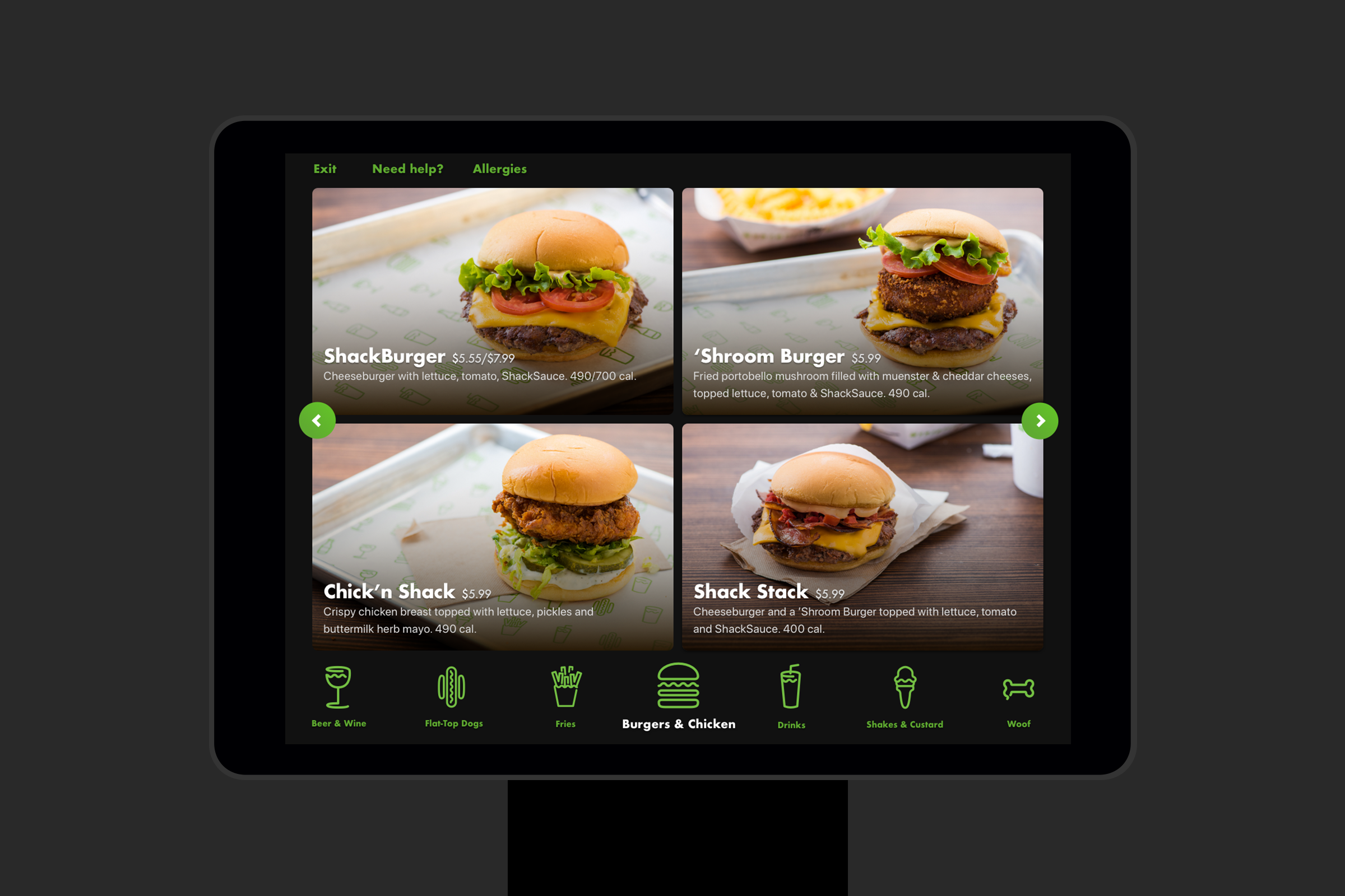 Main menuFull-bleed, large tappable cards and scrollable navigation presents users with even the fattest finger taps a clear picture of the vastness of the Shake Shack menu, while not overwhelming them with options and directions.