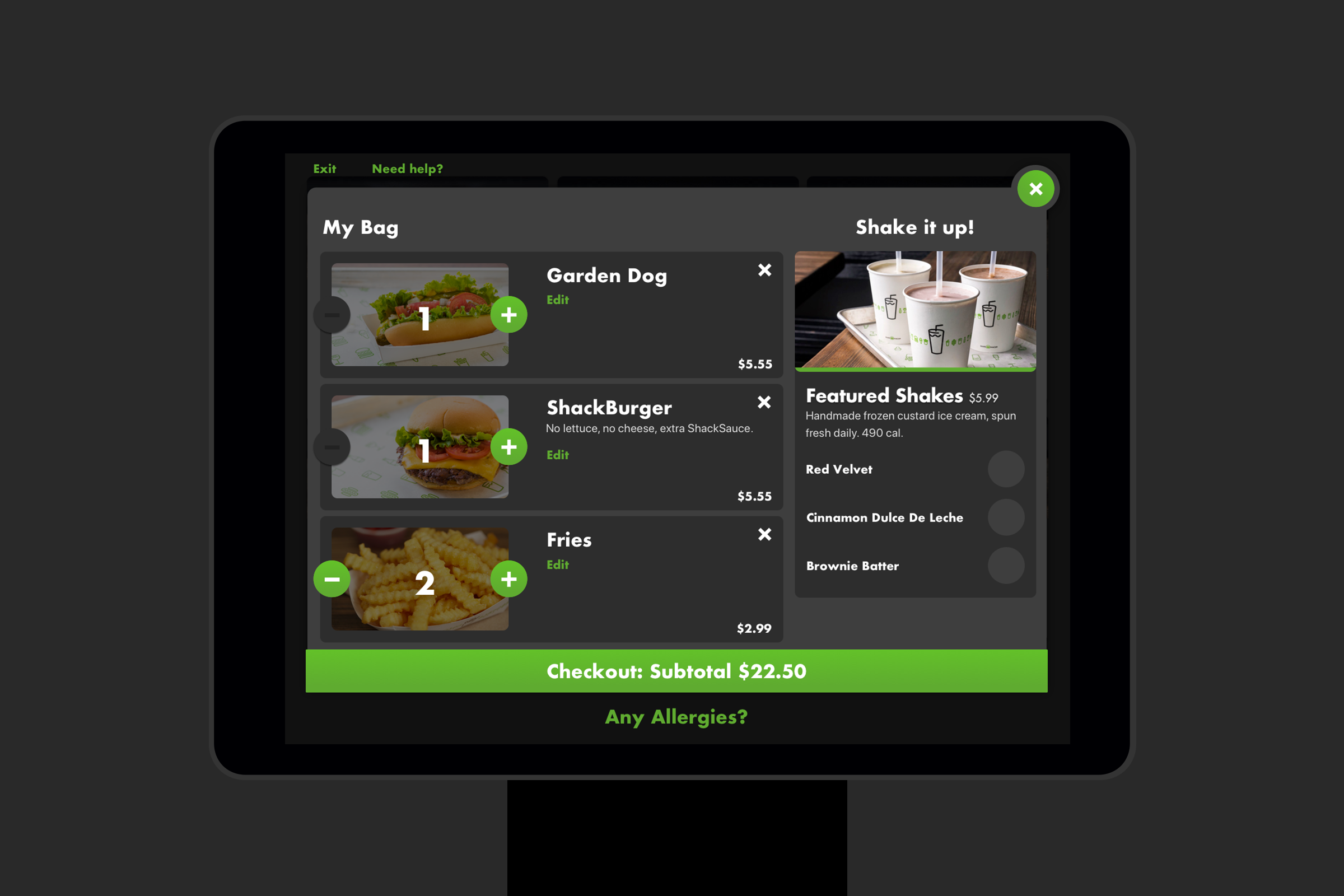 Bag viewUsing a standard bag/checkout interaction puts users’ minds at ease. Always keeping the user in control of their order through adding, removing and editing their order at this stage of the flow was just as important as clearly conveying pric…