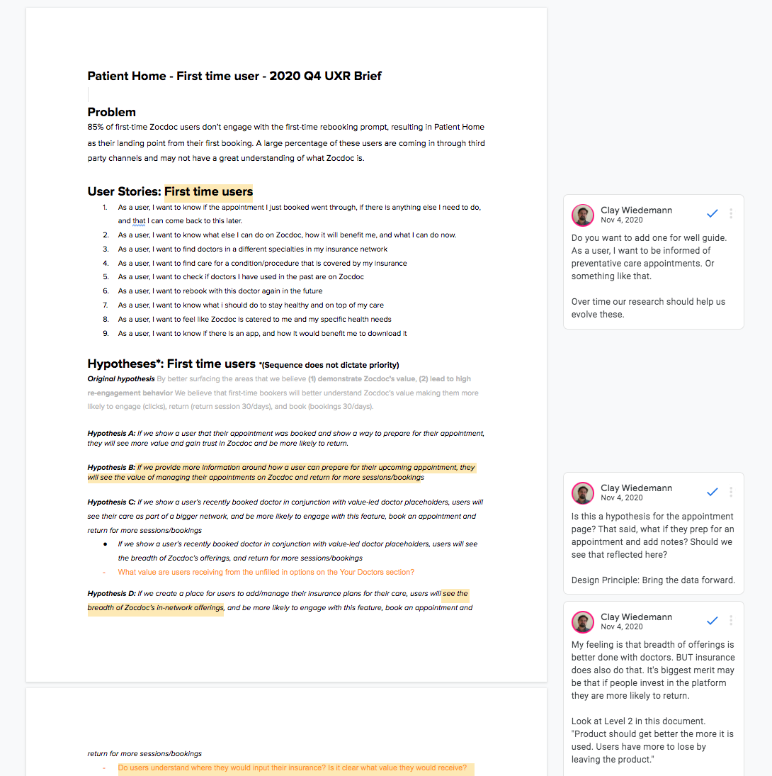 I wrote out user needs and hypotheses to make sure I wasn’t losing sight of what the user needed and expected in this critical post-booking moment.
