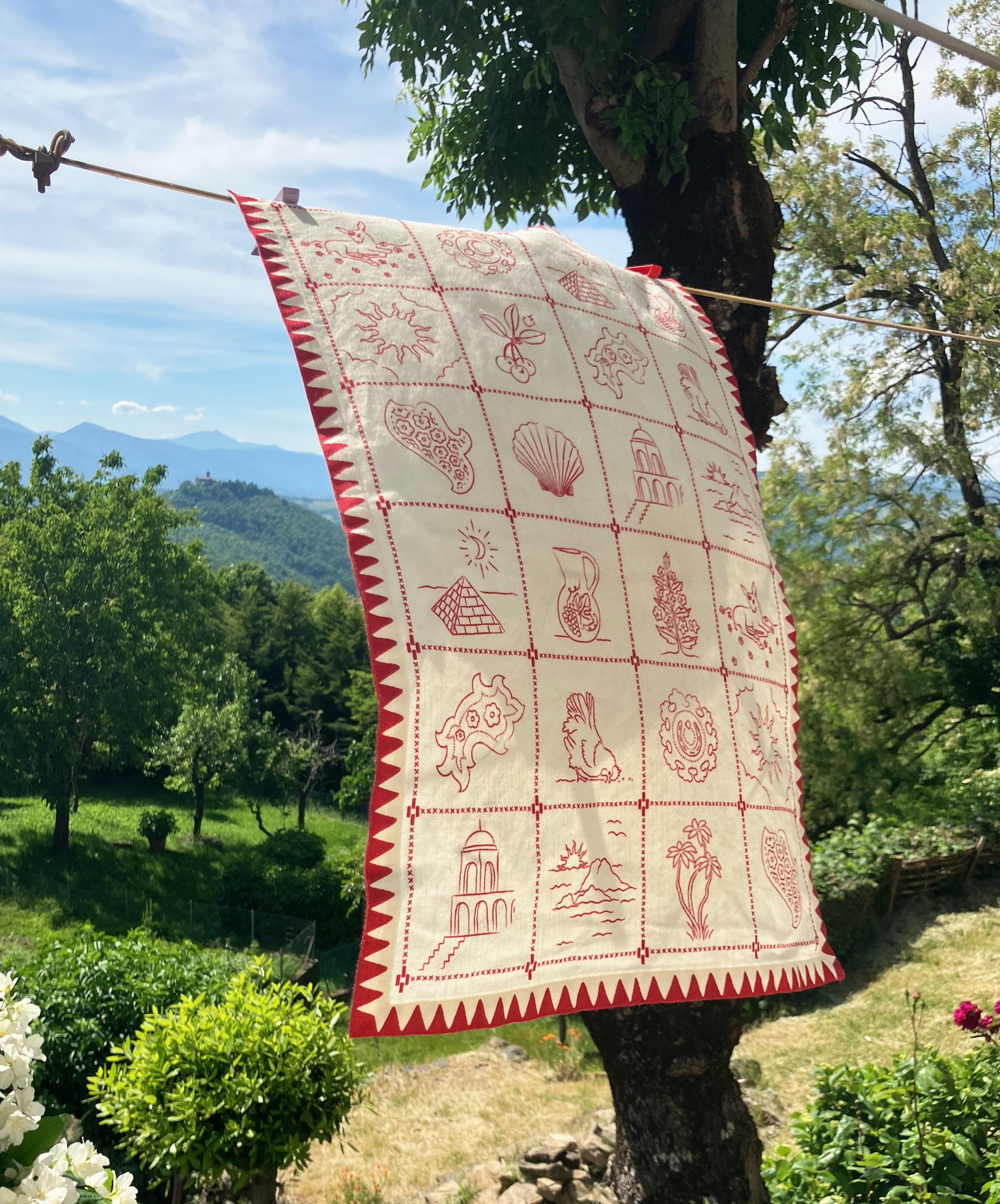 Cherry Flips Redwork Teatowel in Red.jpg
