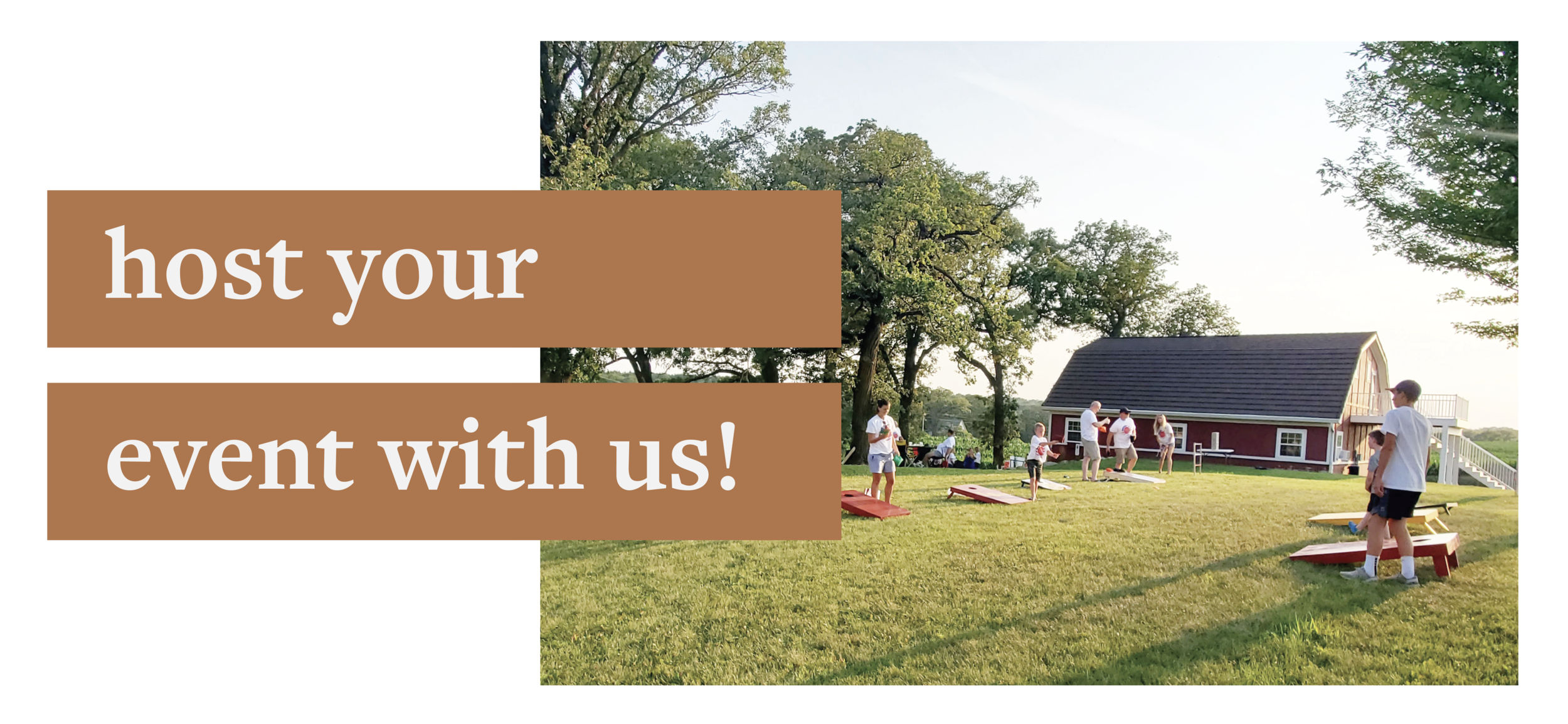 Private family event at Twin Vines with children and adults playing cornhole on the lawn, trees and the Red Barn in the background. Twin Vines offers event venue rentals in Guthrie County, Iowa.