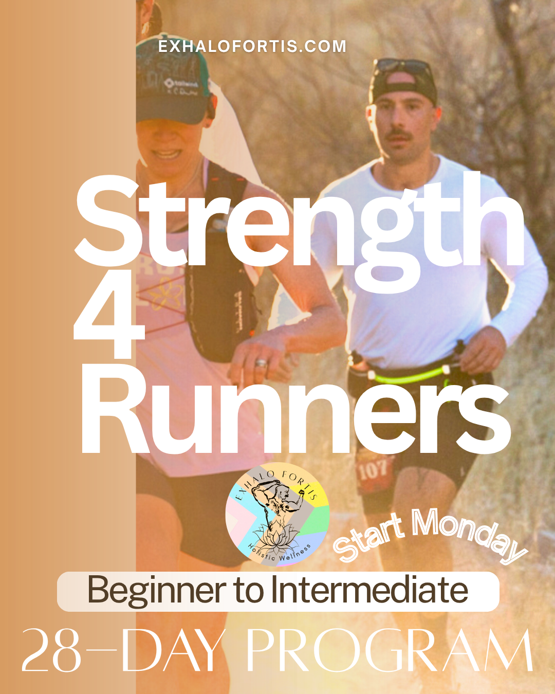 Two runners jogging outdoors during sunset, one woman with a hydration pack and a man with sunglasses on his cap, promoting a 28-day strength training program for beginner to intermediate runners by Exhale Fortis.