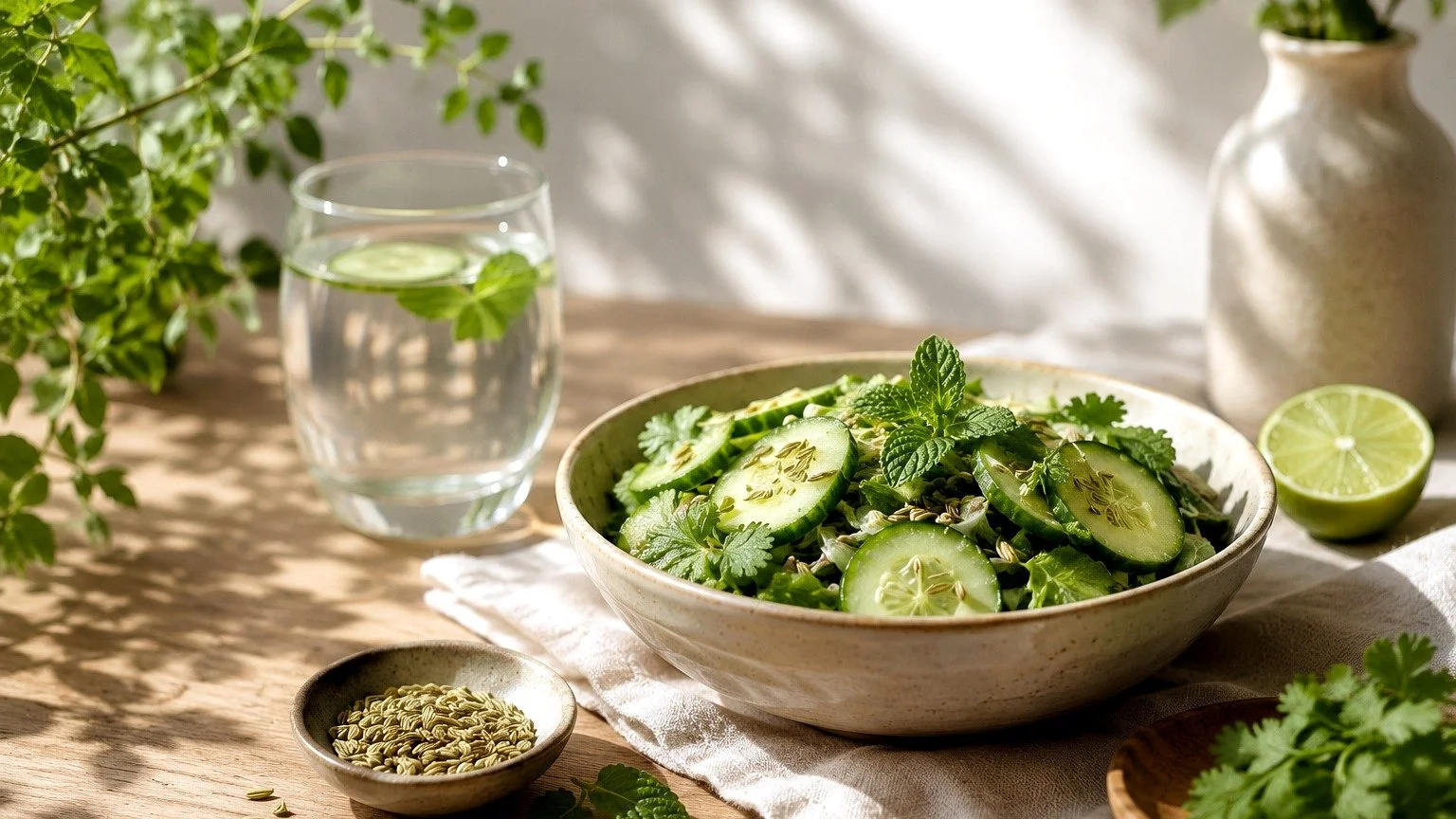 Cooling cucumber mint fennel salad with herbs and cucumber water for summer digestive ease and Ayurveda-inspired self-care.