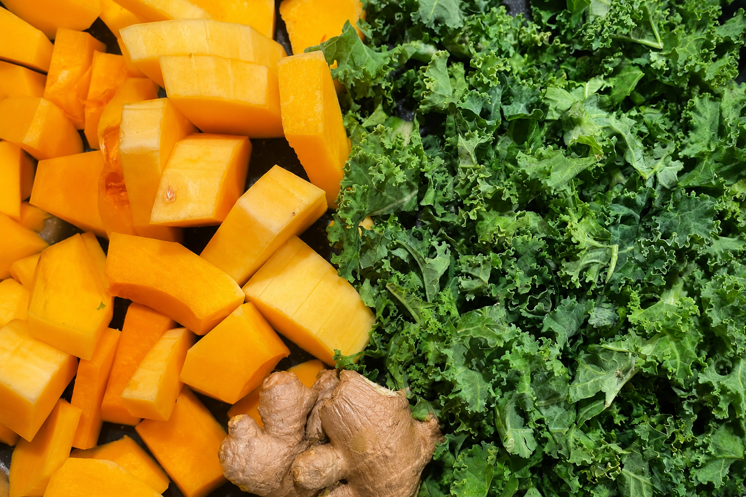 Squash, kale and fresh ginger for a warming Vata season recipe