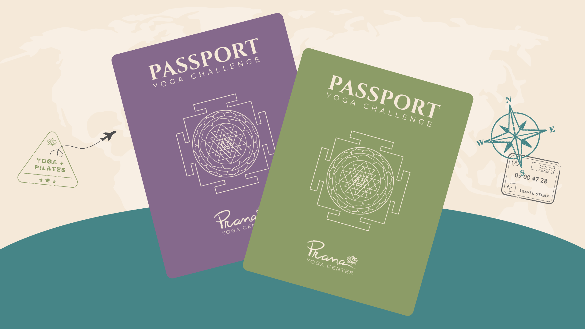 Illustration of 2 Yoga Passports with passport stamps and watermarked map of the world in the background.