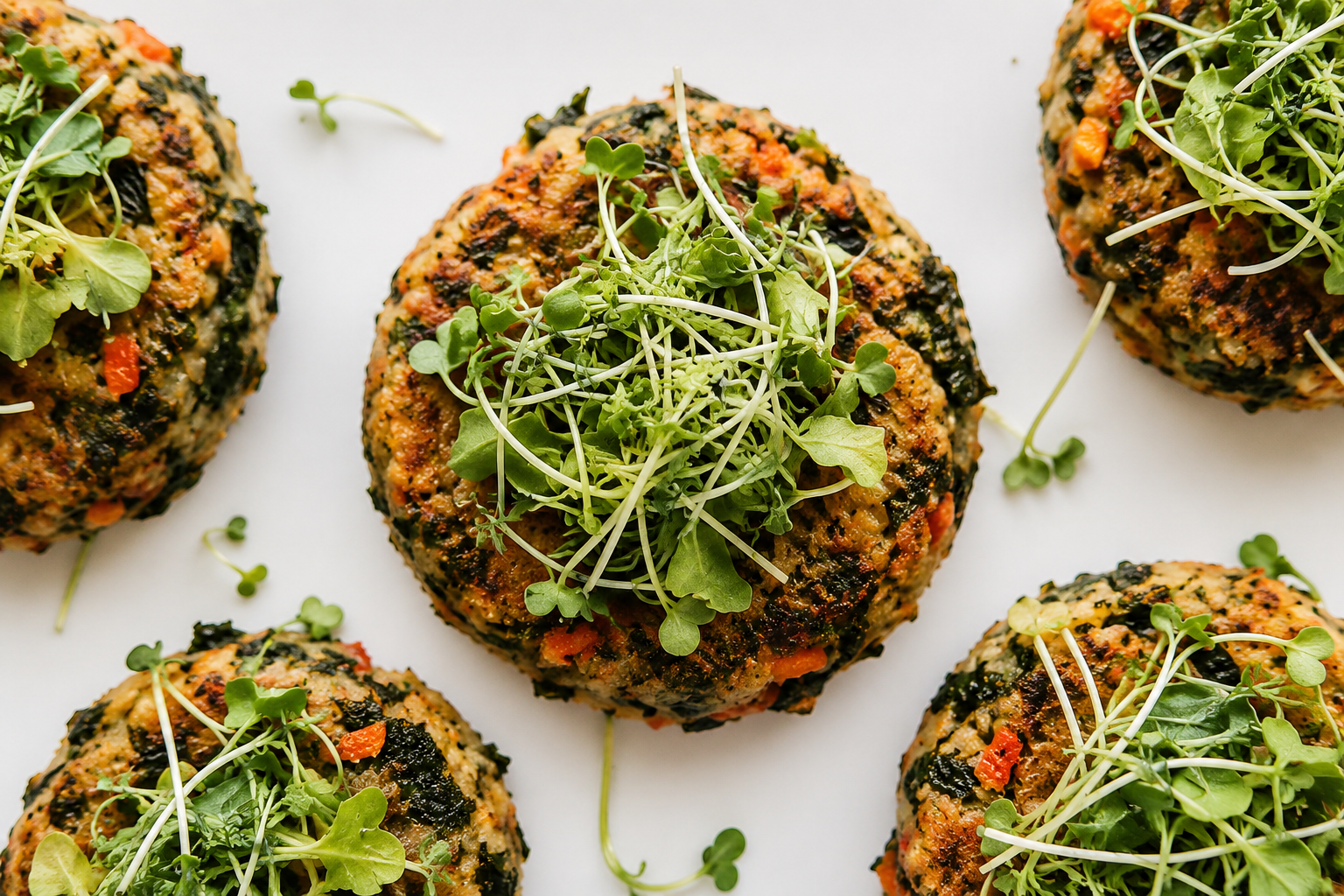 Kitchari burgers topped with fresh sprouts for Vata season