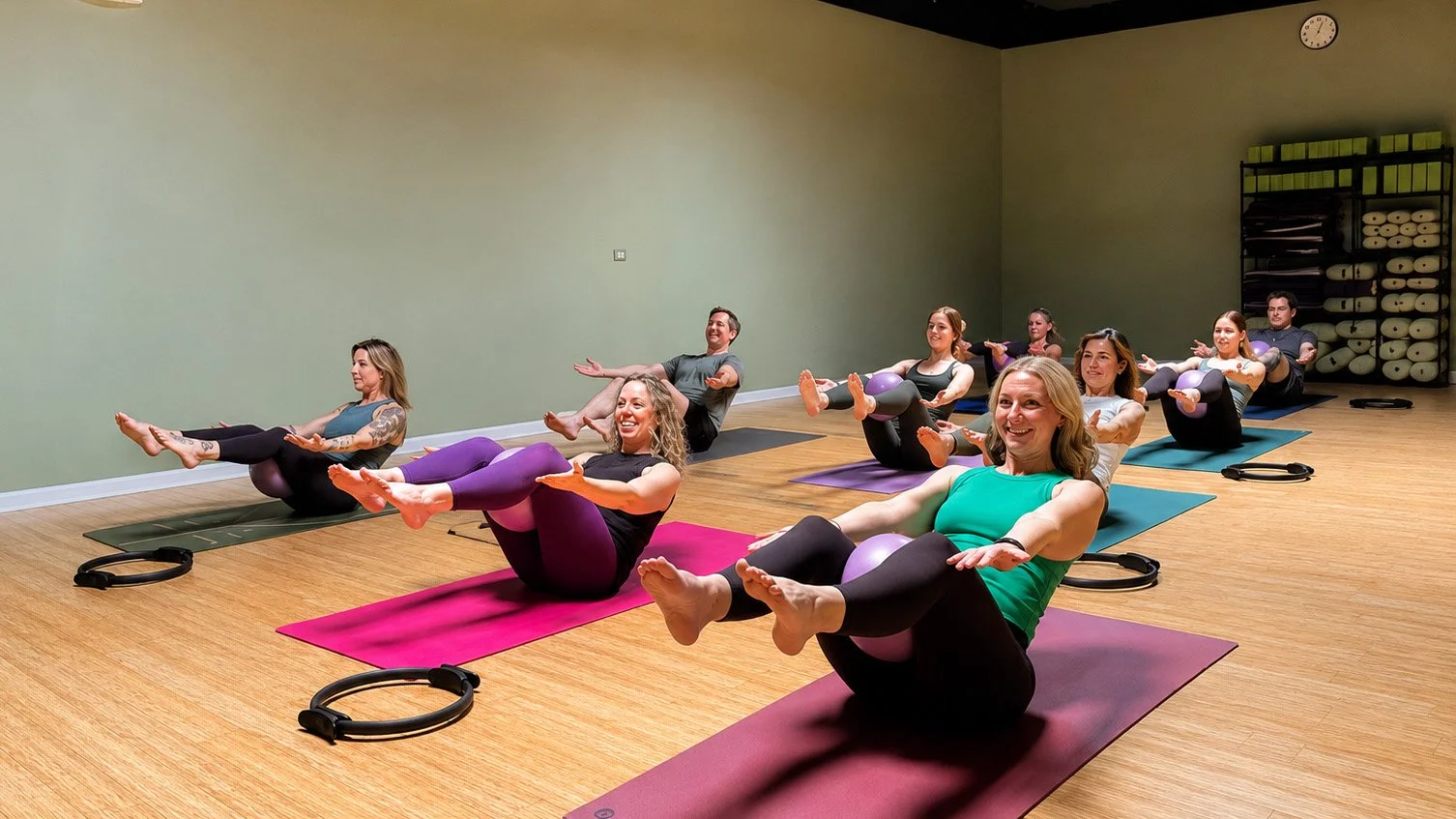 Students practicing Pilates together at Prana Yoga Center in Geneva, Illinois