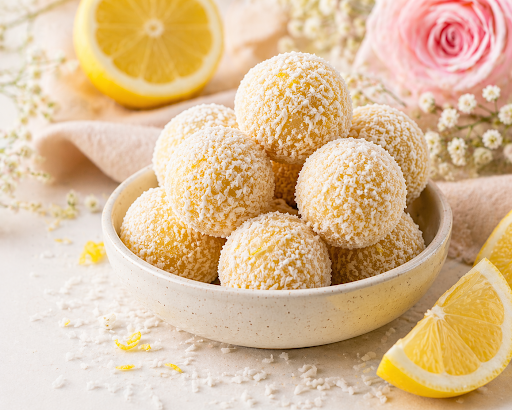 Lemon coconut protein balls in a bowl with shredded coconut and fresh lemon slices at Prana Yoga Center in Geneva, Illinois