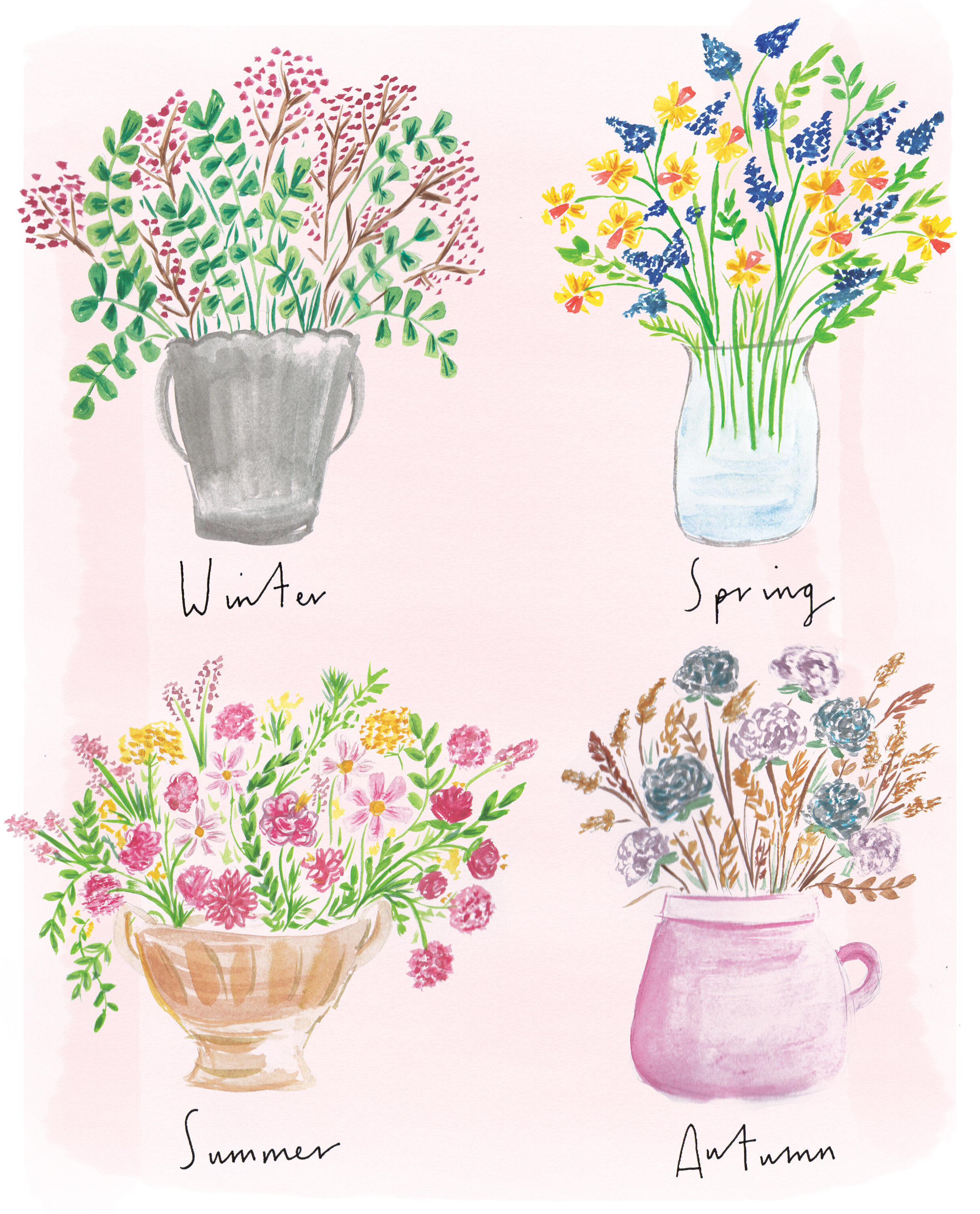  Watercolour illustration by Becki Clark for 91 Magazine featuring seasonal floral arrangements and hand lettering. 