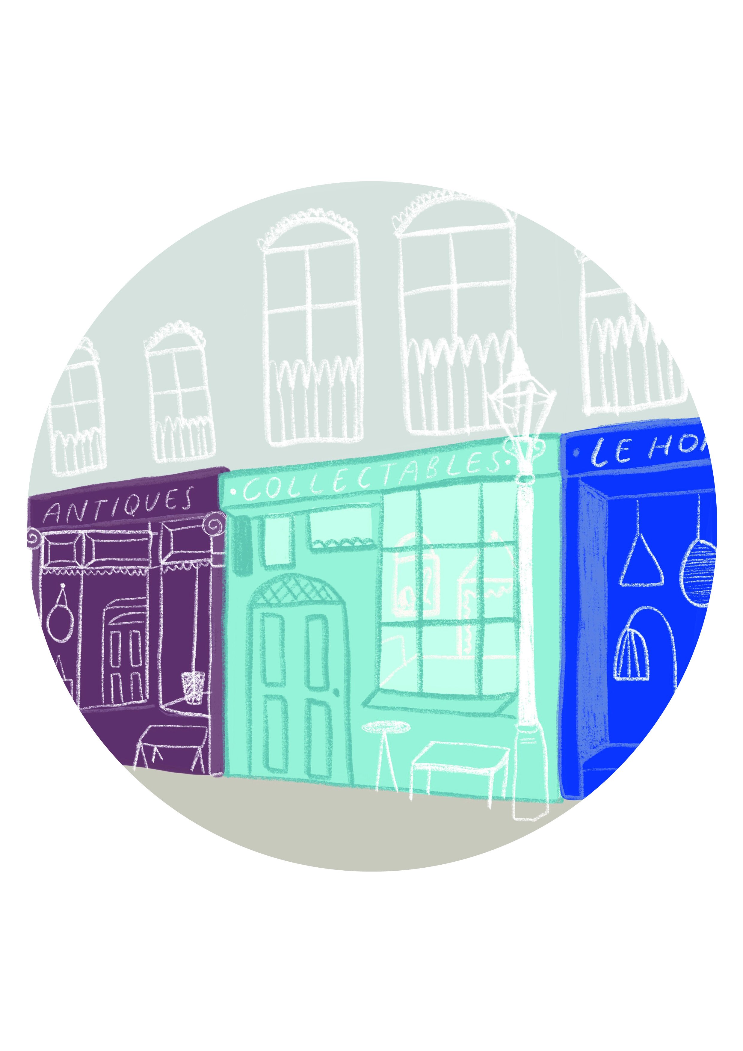  Illustration commission for Homes &amp; Antiques feature on Britain’s top 10 shopping streets. 