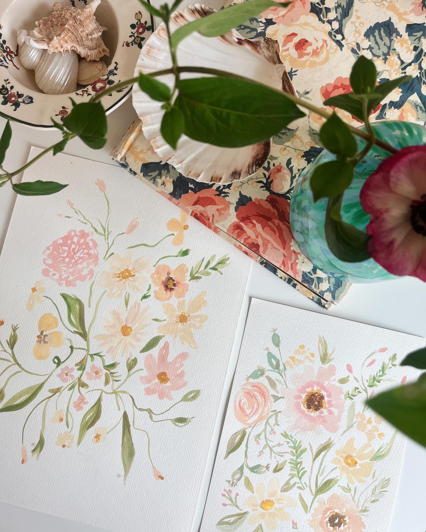 Join me for an online workshop in May, learning how to paint seasonal floral designs with gouache paint, I&rsquo;ll be working through colour mixing, creating textures, &amp; layering paints, working step by step to paint these two floral designs wit
