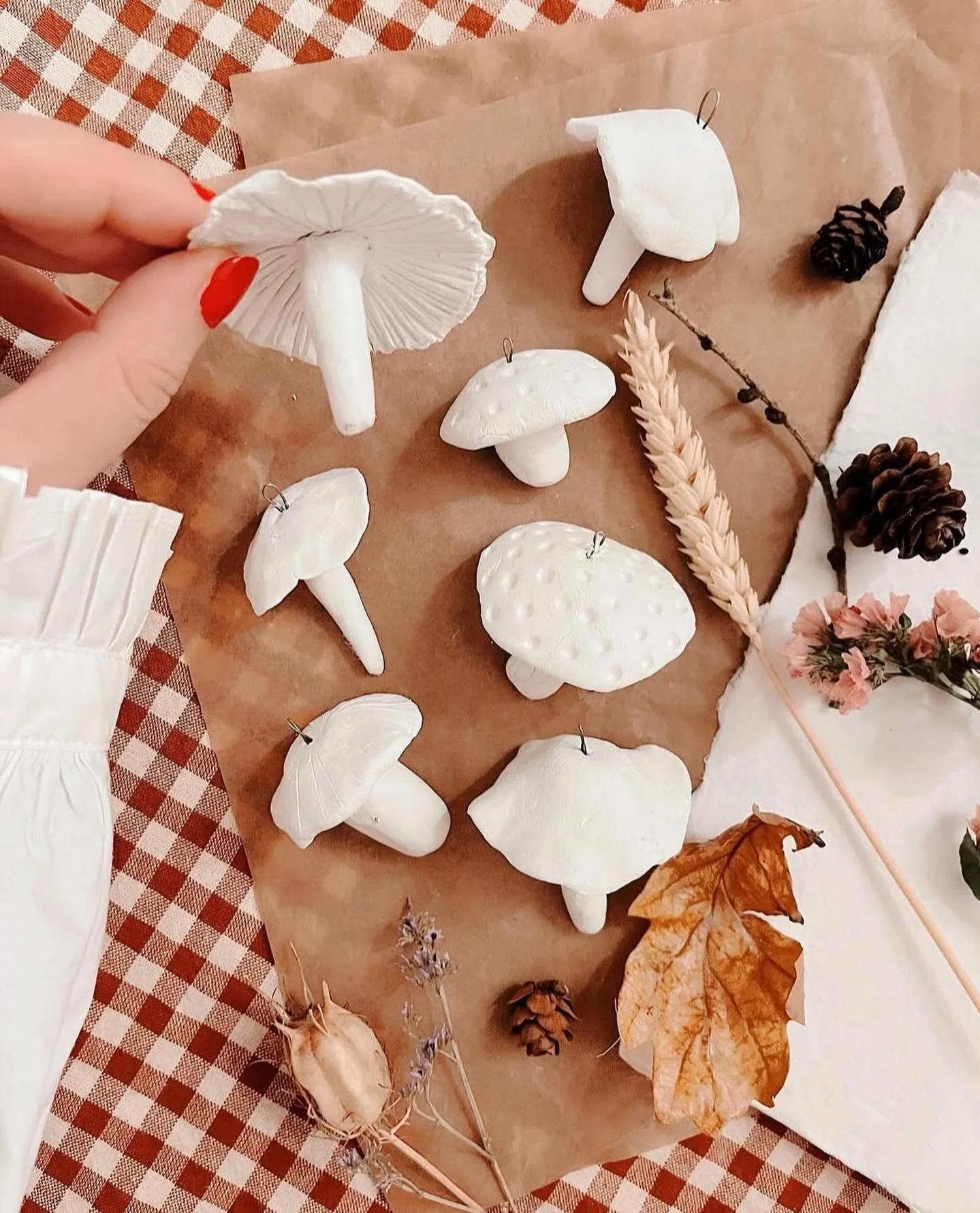 A simple Autumn craft for cosy afternoons 🍄 Make mini mushrooms with air dry clay, you can explore different styles with thickness of stem or textures, add a small loop of wire to the top so once dry you can string together to hang &amp; celebrate t