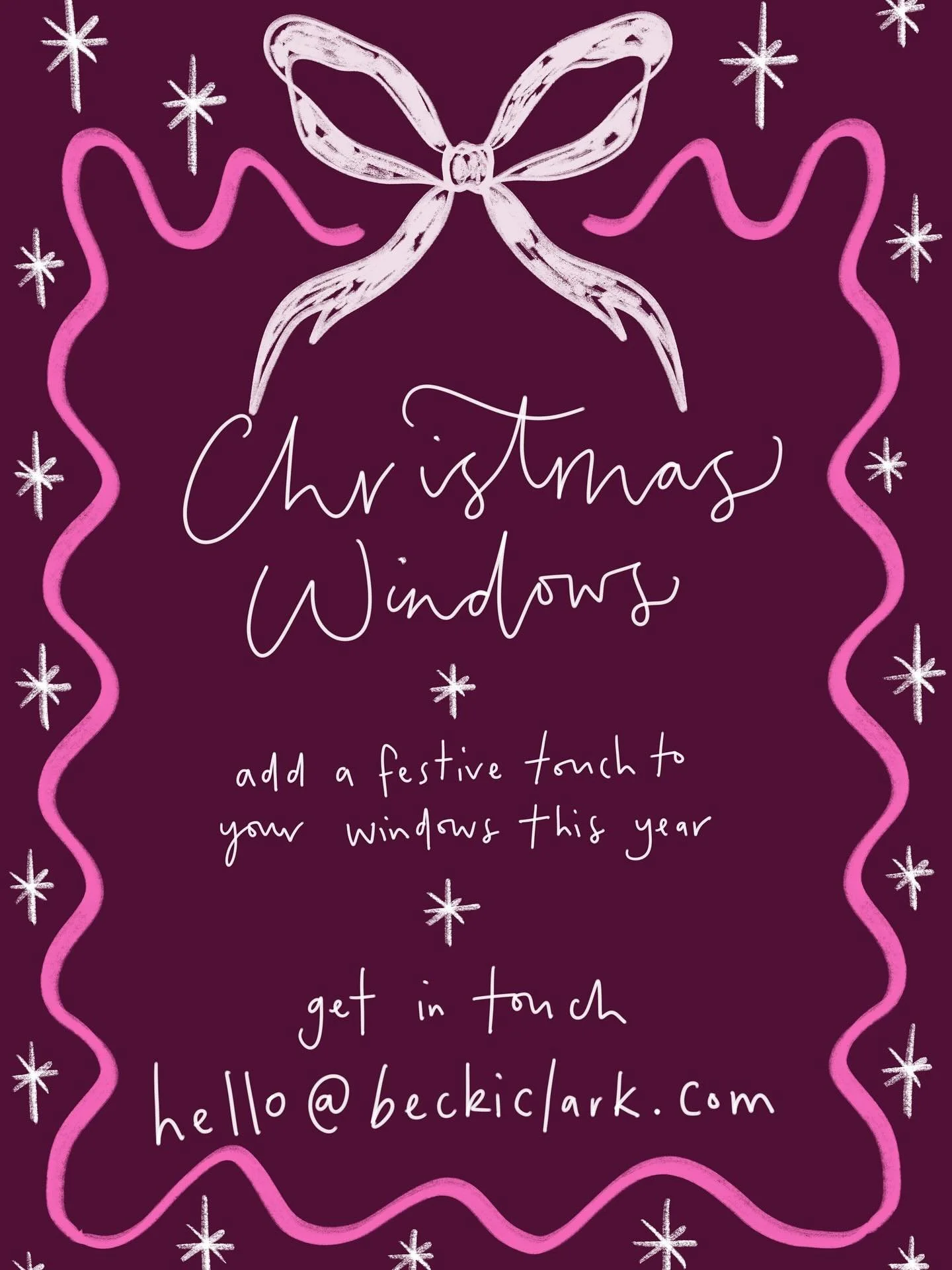 Now booking Christmas window installations 💫

If you fancy adding a festive touch to your windows this year, get in touch for a bespoke window illustration to celebrate the season. Email me on hello@beckiclark.com for availability 👩&zwj;🎨