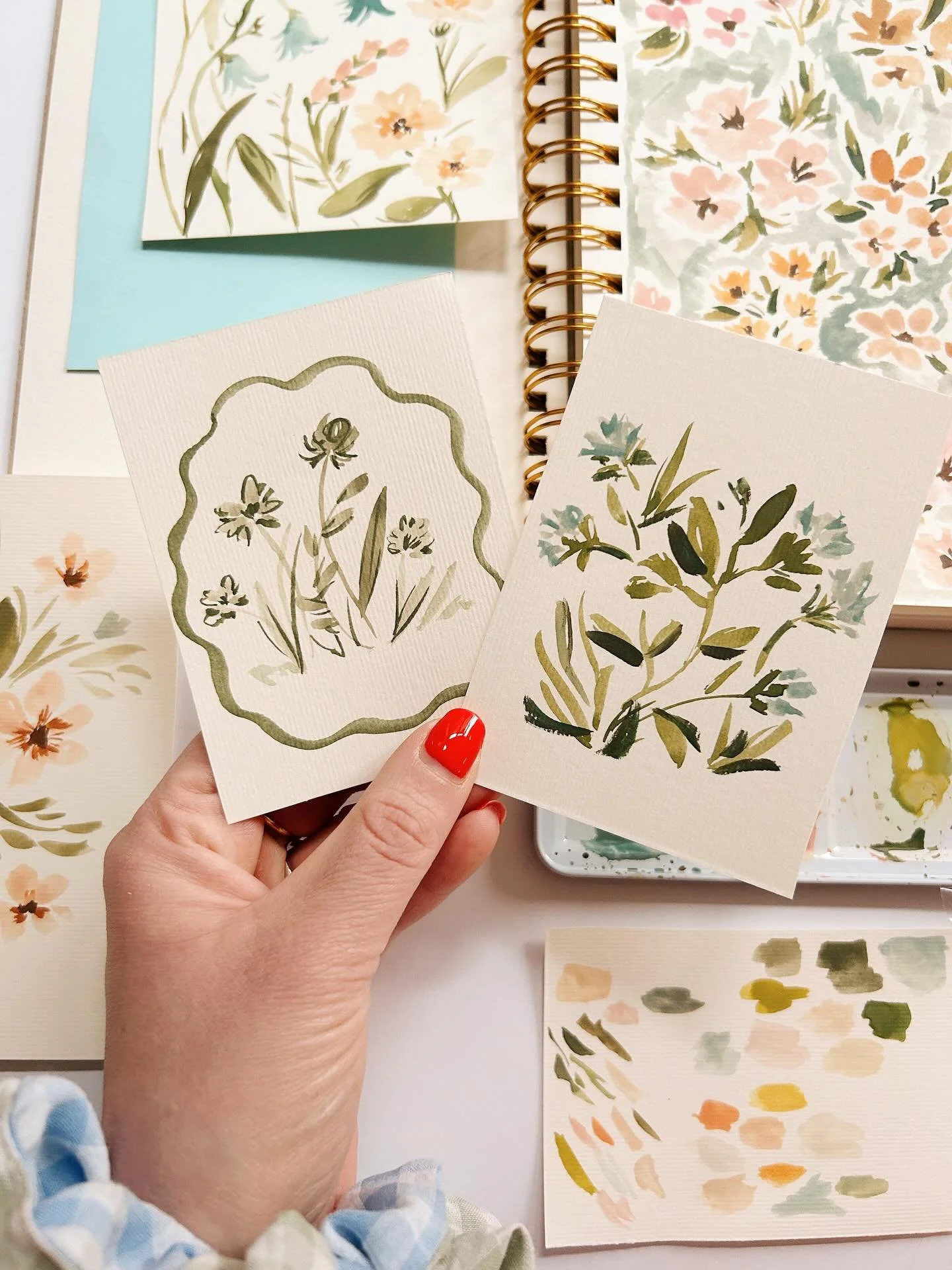 From my desk today, swipe along to see the start of spring colours appearing in my sketchbook and new pattern designs coming together 🍃