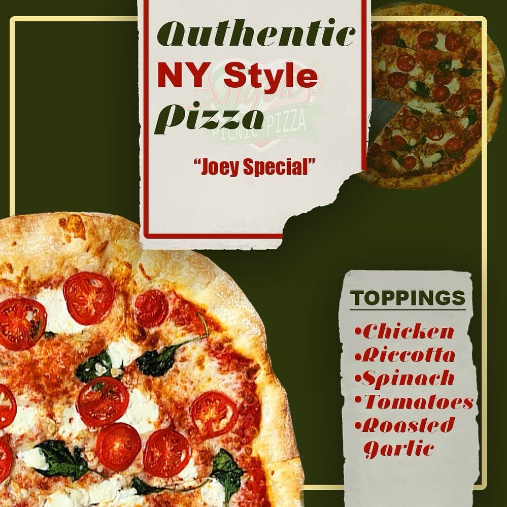 Named after one of Angelo&rsquo;s sons our Joey special is a combination of veggies and chicken to create a prefect combination of flavors. 😋 Try one of our speciality pizzas today! 🍕

#angelospicnicpizza #angelosmyrna #pizza #nystyle #smyrna #smyr