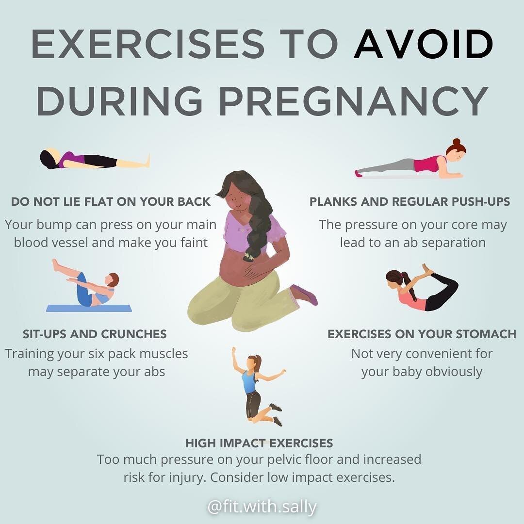 Yes, there are exercises that you need to avoid during pregnancy! Here is why:

&hearts;️ You can do exercises where you lie on your back in your first and probably also the second trimester but once your bump is very big, it can be too much pressure