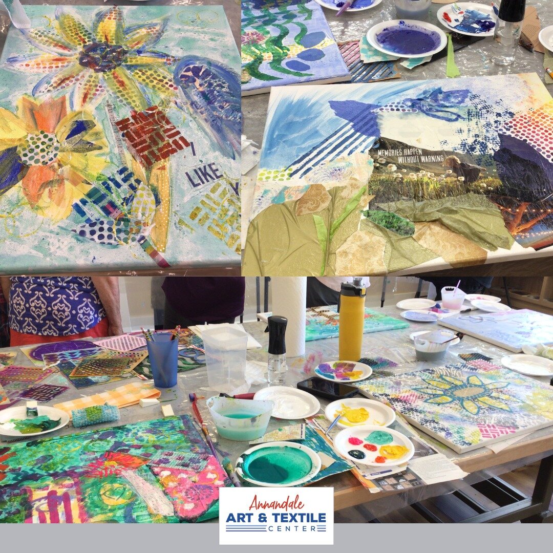 A collage of photos from last Wednesday's Intro to Acrylic Mixed Media painting class with Paige Ladue Henry!

Go to our website - www.artandweaving.com - and click on the &quot;Classes&quot; tab to see all the classes we currently have available! (P