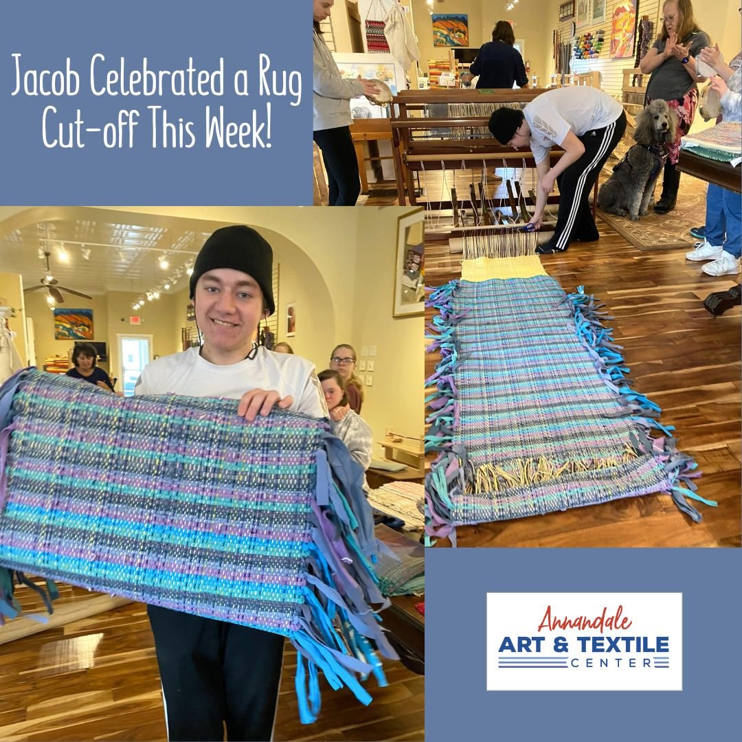 Heart of the Lakes Weaver, Jacob, celebrated the cut-off of a gorgeous woven length soon to be available as rugs in our retail gallery.

Stop in for a visit at Annandale Art &amp; Textile Center!

Located in the heart of downtown Annandale.

Our hour