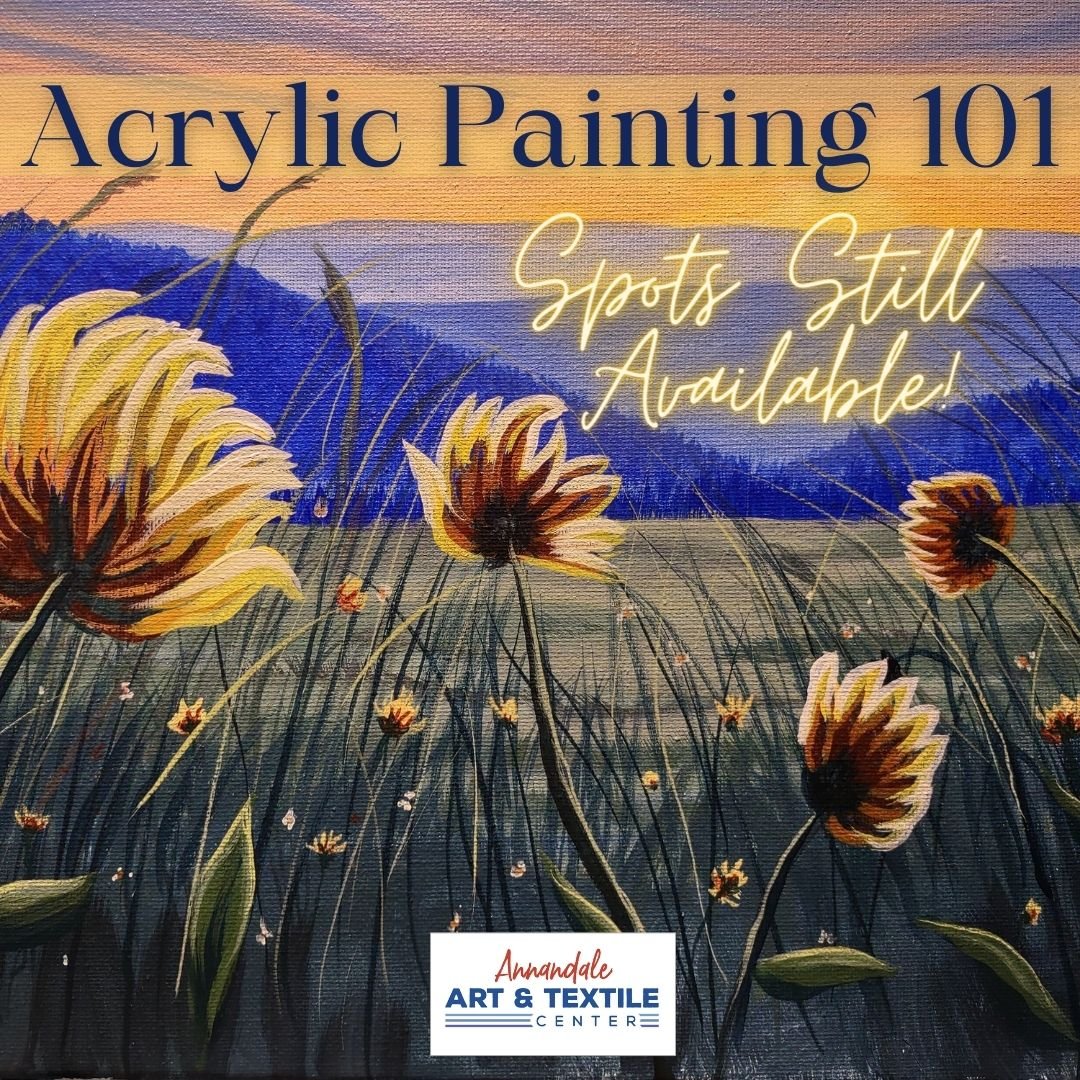 Spots still available in Pam Kaskinen's &quot;Acrylic Painting 101&quot; class - THIS Saturday, April 20th!

Visit our website for more information and to register:
https://annandale-art-and-textile-center.coursestorm.com/course/acrylic-painting-101

