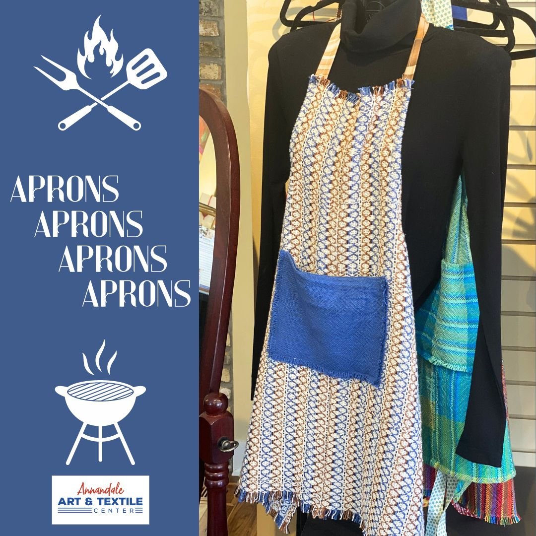 New woven aprons are available in our retail gallery just in time for BBQ season as well as Mother's and Father's Day. Paired with one of our woven towels, it would be a great gift!

Weavers are on-site Tues-Fri 10A-1P.

We are located in the heart o