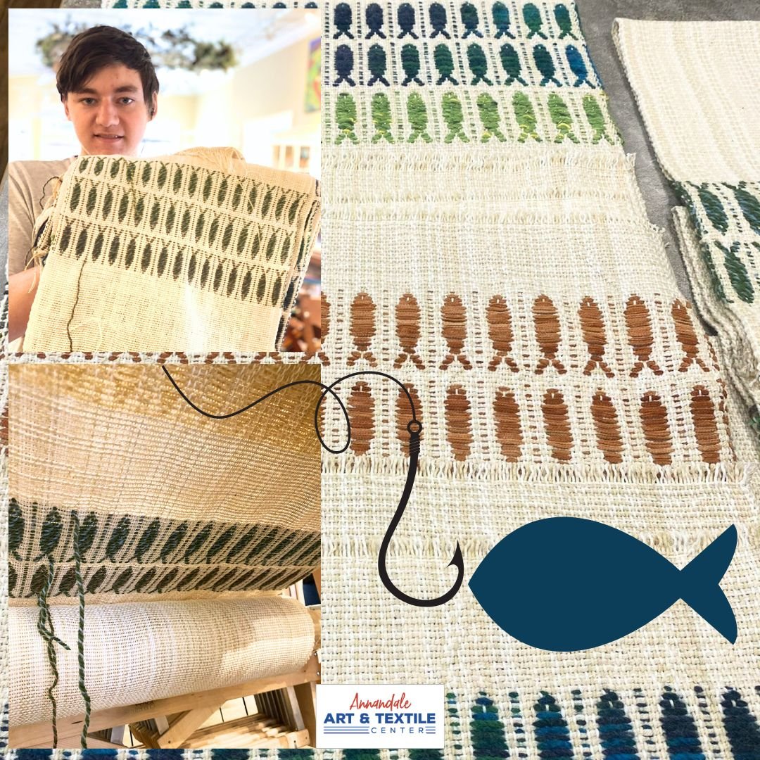 Last week Heart of the Lake's Weaver, Jacob, celebrated the cut off of a gorgeous length of fish themed textile soon to be table runners for sale in our retail gallery!

We are located in the heart of downtown Annandale!

Our hours this Spring are:
T